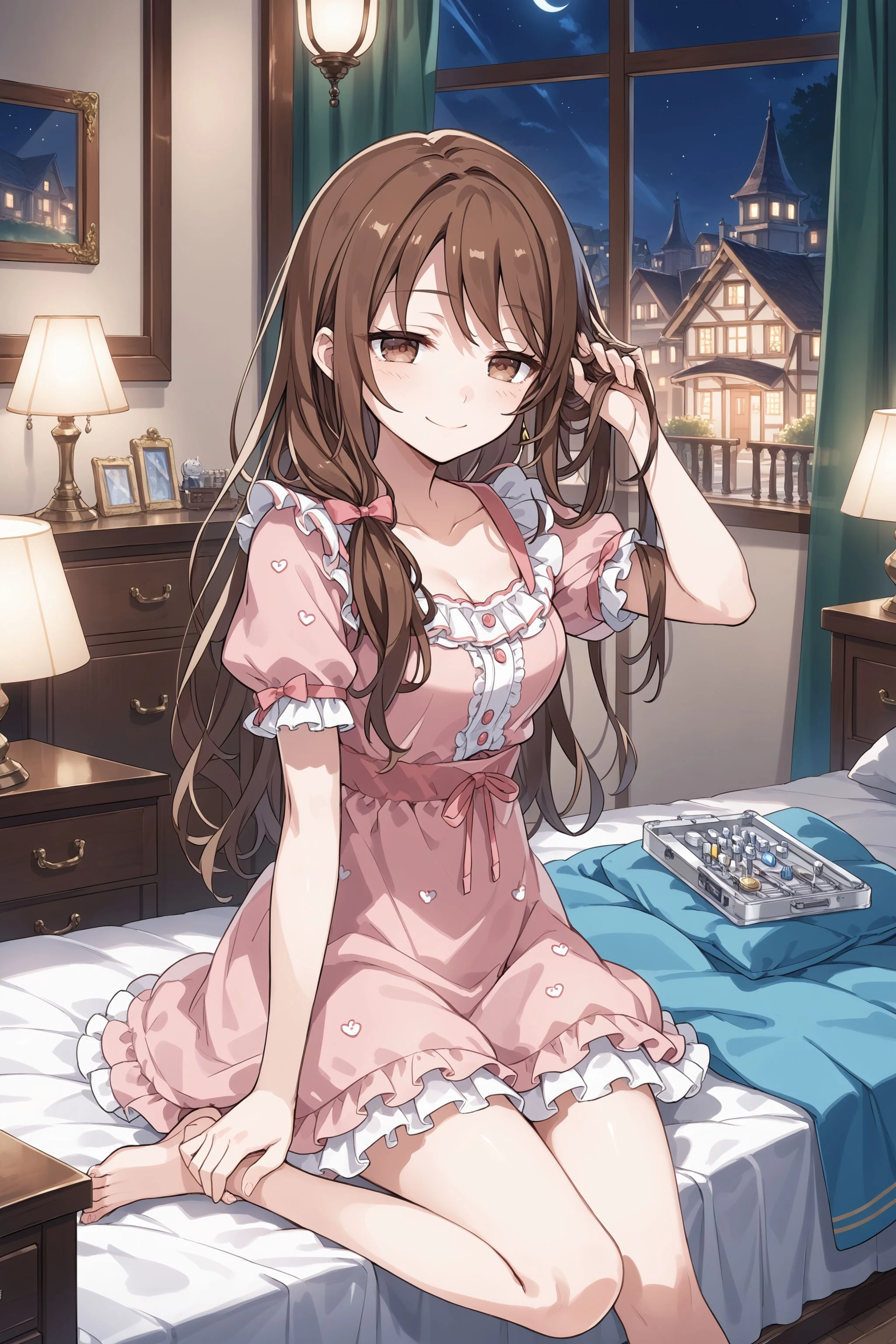 beautiful illustrations, highest quality, pretty girl, 1girl, Bedroom, pastel colour, (two-separated lingerie), reddish brown long hair, headband, cute lingerie, bright lighting