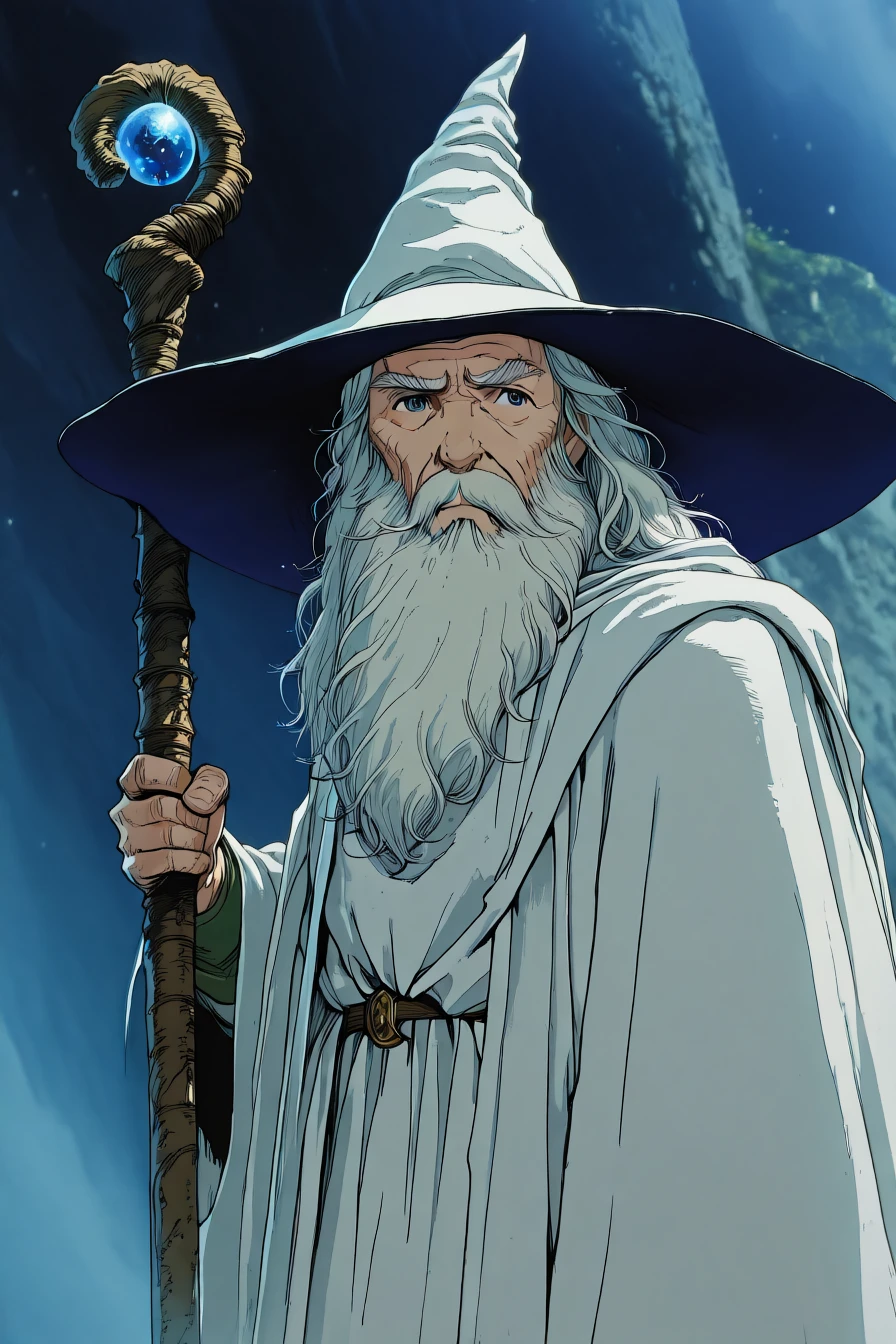 gandalf, wizard, old man, white beard, white robe, staff, witch hat, 1boy, solo, alone, <lora:the_lord_of_the_rings_style_illustriousXL_r1:1>, lotr_style, masterpiece, highres