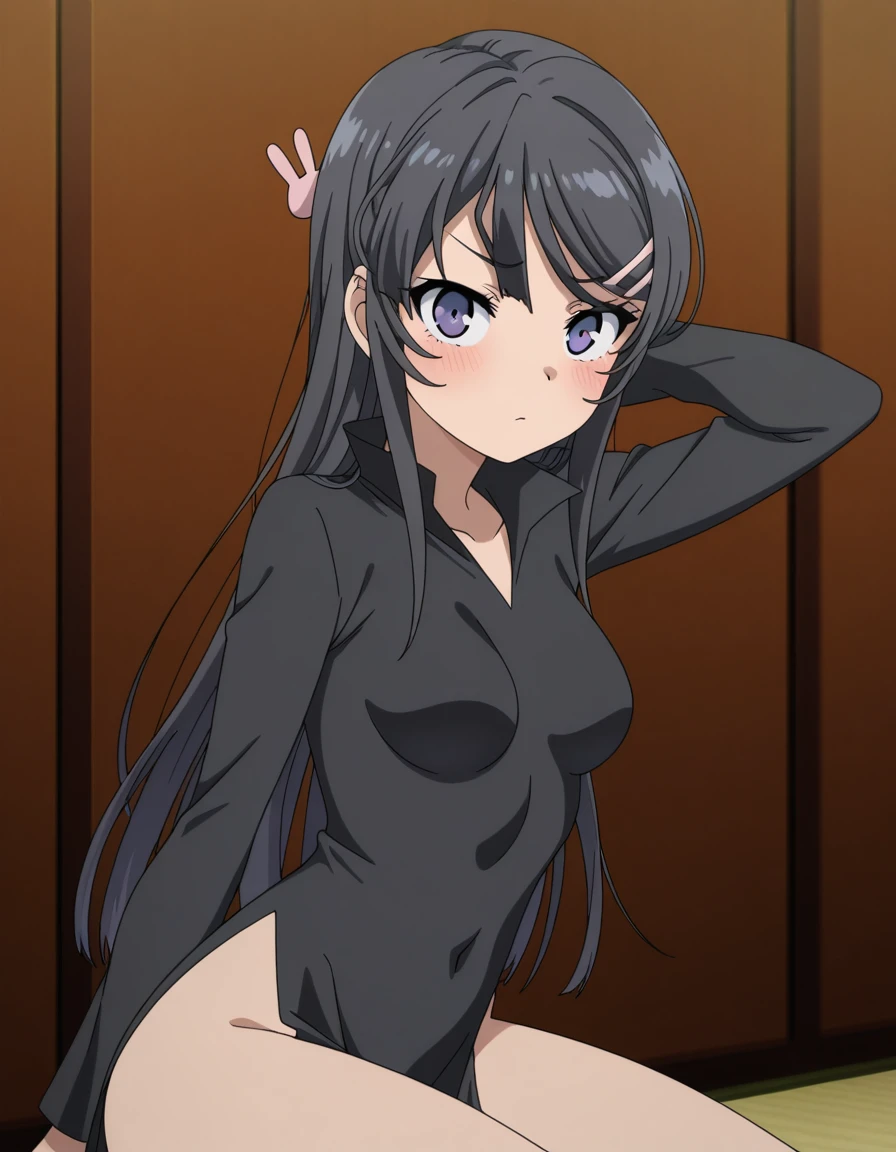 masterpiece, best quality, amazing quality,, <lora:mai-sakurajima-s1-illustriousxl-lora-nochekaiser:1>, mai sakurajima, long hair, bangs, black hair, hair ornament, purple eyes, hairclip, rabbit hair ornament, breasts, anime screencap, tatsumaki cosplay, tatsumaki (cosplay), cosplay, dress, black dress, covered navel, long sleeves, pelvic curtain, side slit, blush, squatting, hand behind head, sitting, from side, cowboy shot, looking at viewer, , cowboy shot, solo