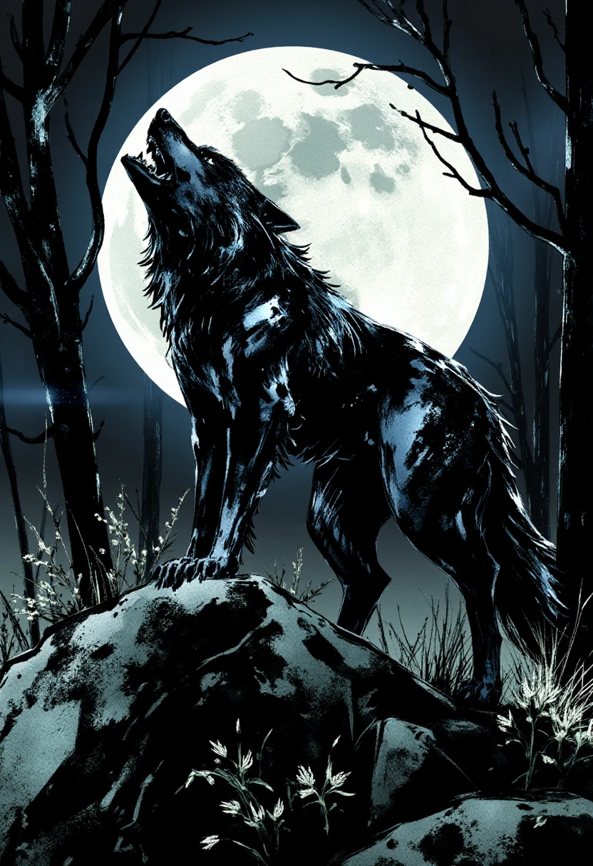 <lora:Yoji_Shinkawa_Style_FLUX-000012:0.9>
This is a digital illustration in a manga-inspired, dark, and gritty yshinkawa style. The artwork features a wolf howling at the moon