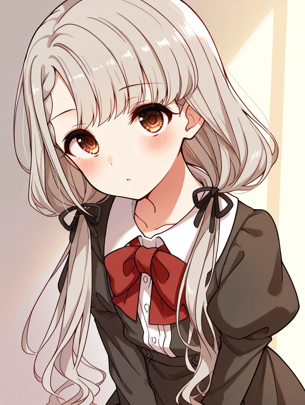 masterpiece,best quality,very aesthetic,absurdres,highres,newest,
hskwng school, hisakawa nagi,
asymmetrical bangs, bow, bowtie, braid, braided bangs, grey hair, hair ribbon,
juliet sleeves, long hair, long sleeves, puffy sleeves, red bow, red bowtie, ribbon,
twintails, black ribbon, blush, brown eyes, collared shirt,
dress shirt, low twintails, shirt, skirt, white shirt,
black jacket, black skirt, black dress,
dress,
eyebrows visible through hair,
eye_focus,<lora:eye_focus:1>,
<lora:idolmaster_hisakawa_nagi_ill_v1.0:1>,