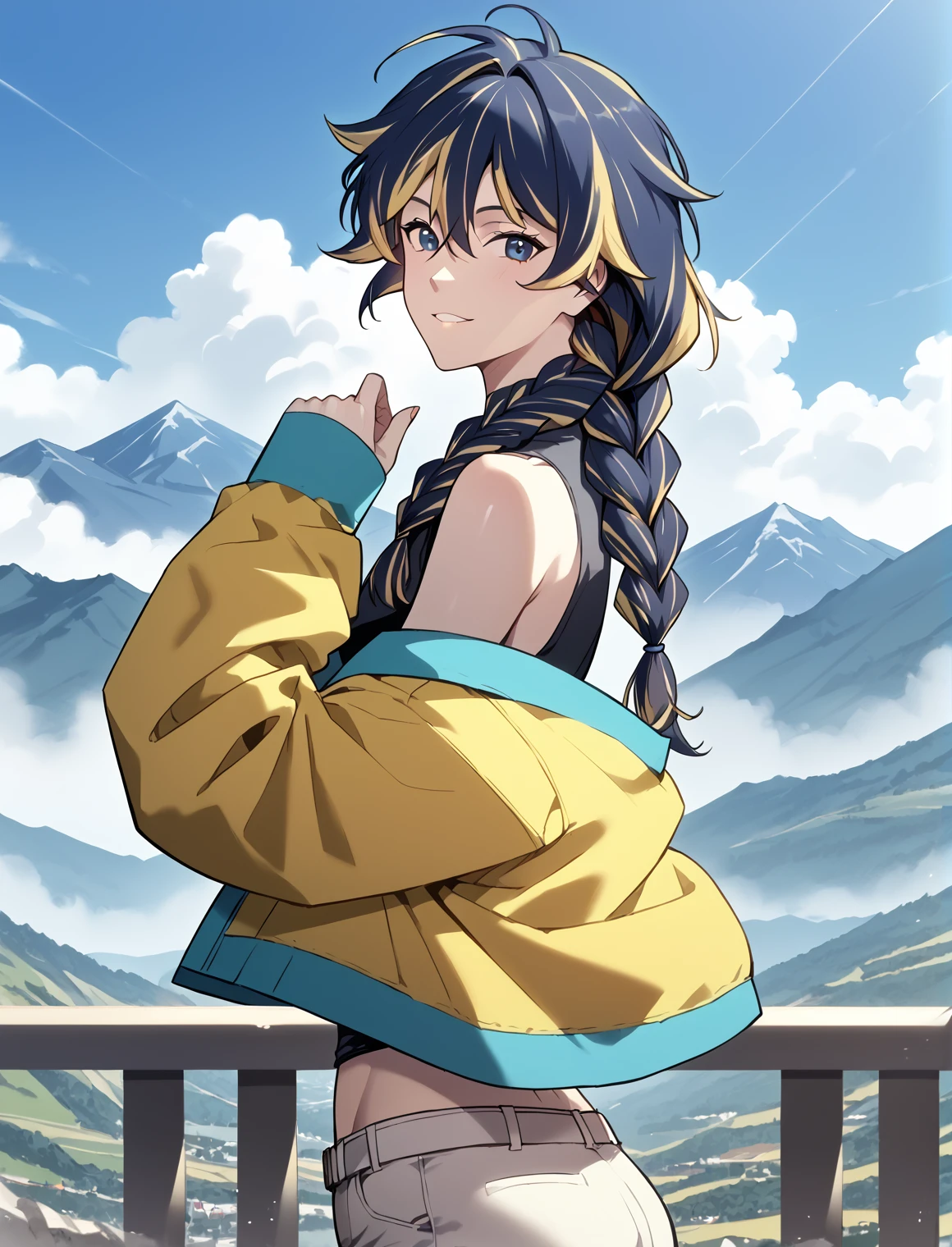 <lora:Kali_Collins_r1:1>
1 girl, solo, multicolored hair, navy blue hair, blonde hair, braid, streaked hair, long hair, navy blue eyes, yellow circle in the iris
White shorts, yellow jacket, belt, midriff, navel, black sleeveless shirt
score_9, score_8_up, score_7_up, source anime, BREAK, cowboy shot, (from side), looking back, looking at viewer, overlooking mountain, high altitude, scenery, exterior, background, (solo), perfect hands