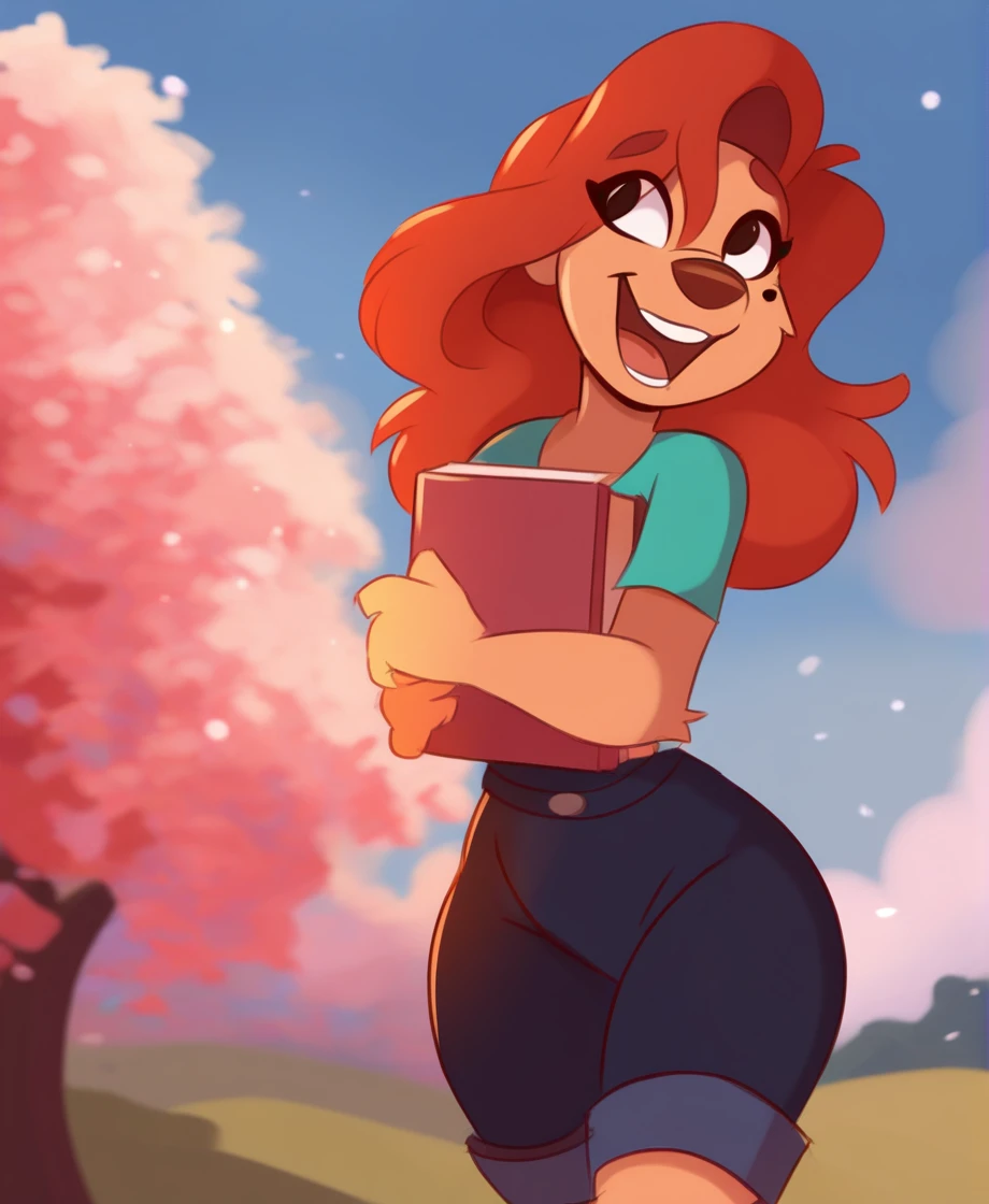 masterpiece, highly detailed, solo, roxannerover, beauty mark, red hair, regular clothes, holding books, open smile, outdoors, by vurrus, <lora:RoxanneXL_010-Noob-nd32-na64-lr2-ep13:1>