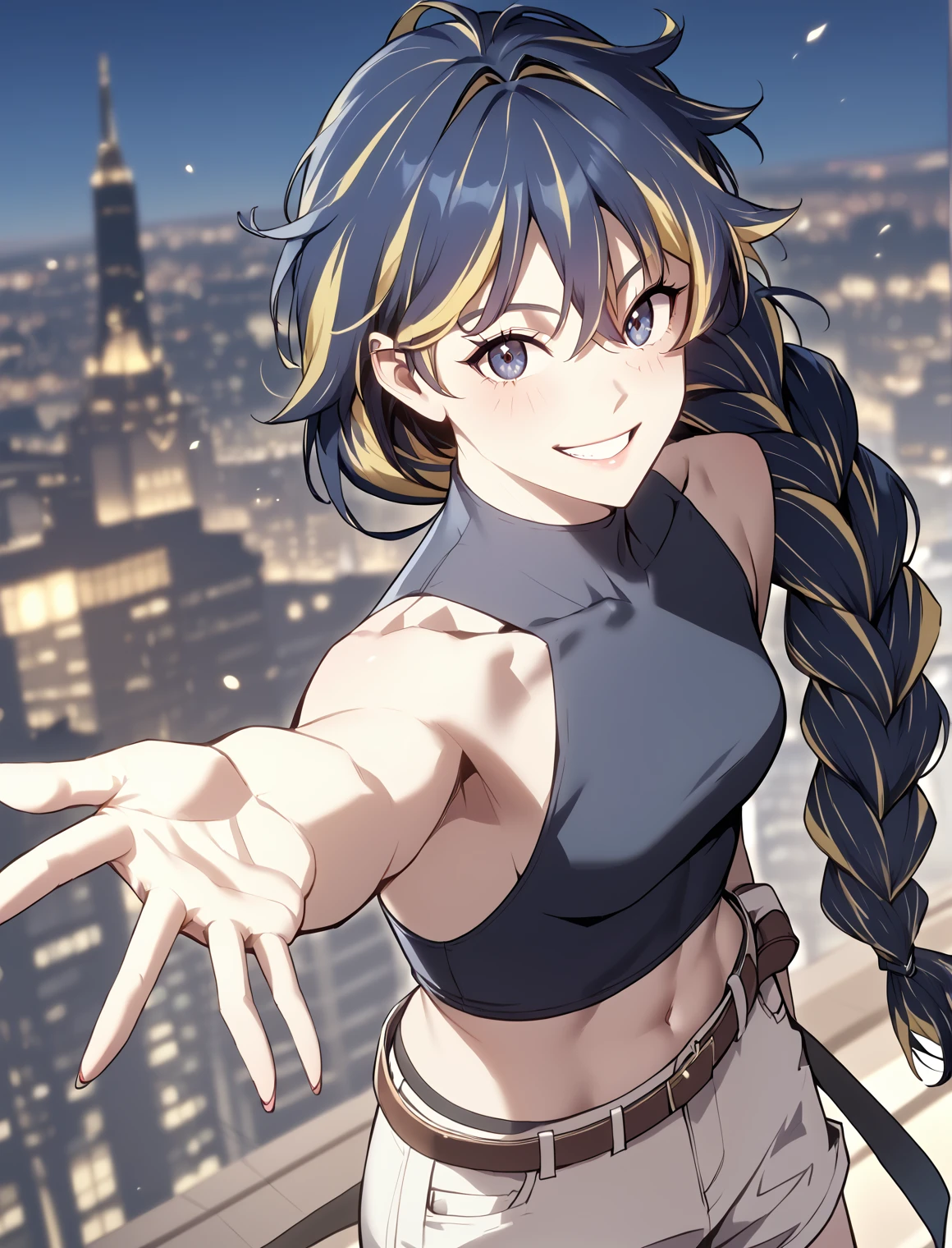 <lora:Kali_Collins_r1:1>
1 girl, solo, multicolored hair, navy blue hair, blonde hair, braid, streaked hair, long hair, navy blue eyes, yellow circle in the iris
White shorts, yellow jacket, belt, midriff, navel, black sleeveless shirt
score_9, score_8_up, score_7_up, very aesthetic, source_anime, detailed, high quality, beautiful, masterpiece, detailed eyes, cityview, blurry background, pose dynamic angle, upper body, cowboy shot, light smile, looking back, reaching out, floating hair