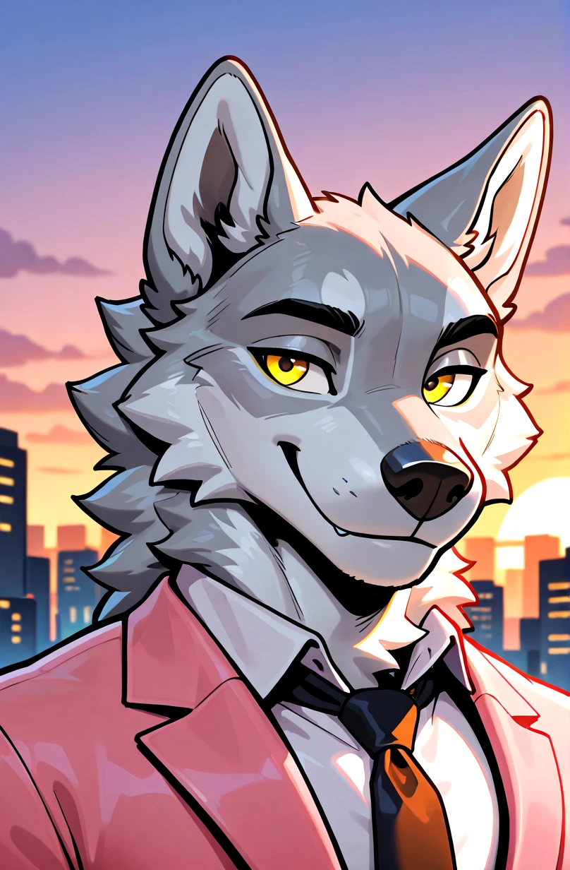masterpiece, best quality, newest, absurdres, highres, anthro,
wolf, silver fur, yellow eyes, masculine, (muscular:0.60), handsome, suave,
pink suit, smile, portrait, city, sunset,