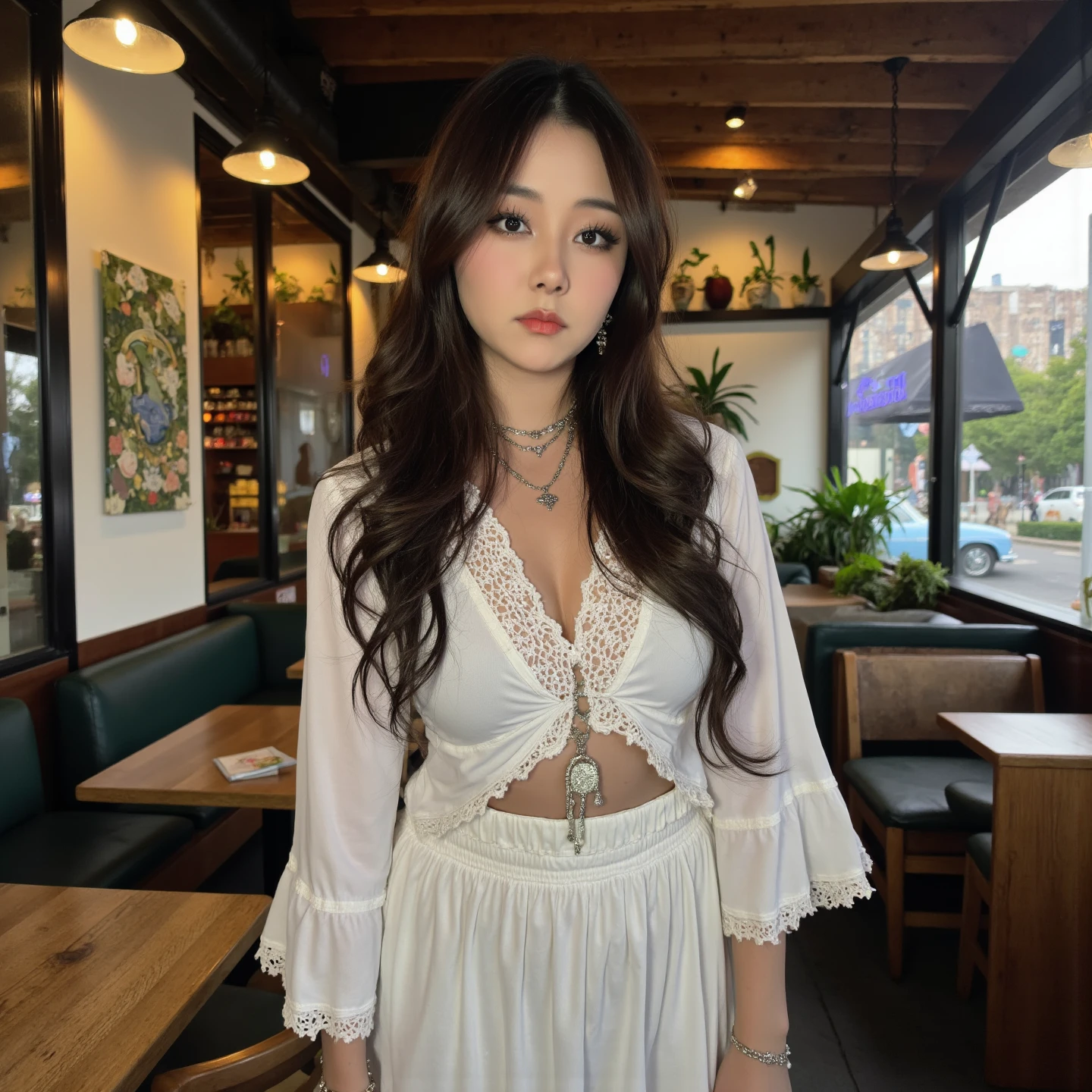 (A cinematic shot of a young woman with a light to medium skin tone. a stunning female model, wavy hair, makeup and mascara. She is wearing a Boho-chic look with a lace-trimmed maxi skirt, a lightweight blouse with bell sleeves, layered jewelry, standing in cafe looking at the viewer) <lora:hanavocado_:1>