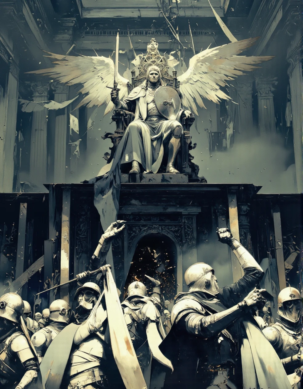 Art by Piotr JabÅoÅski. A digital illustration shoot from below about a dark, ominous scene featuring a large, imposing throne with a figure on top, surrounded by smaller figures. the throne is situated in the center of the image, with the figure at the top of the throne, appearing to be an angelic figure with wings spread wide, holding a sword in one hand and a shield in the other. the figure is positioned at the bottom, with a menacing expression, and is wearing a cloak and armor. the figures below are smaller, armored figures, and they appear to be in a battle-ready stance, with their arms raised in triumph. the scene is set in a dimly lit, industrial environment with a dark and moody atmosphere, and the background is filled with shadows and debris, adding to the ominous atmosphere. the image has a high level of detail and texture, making it a visually striking and captivating piece of art.