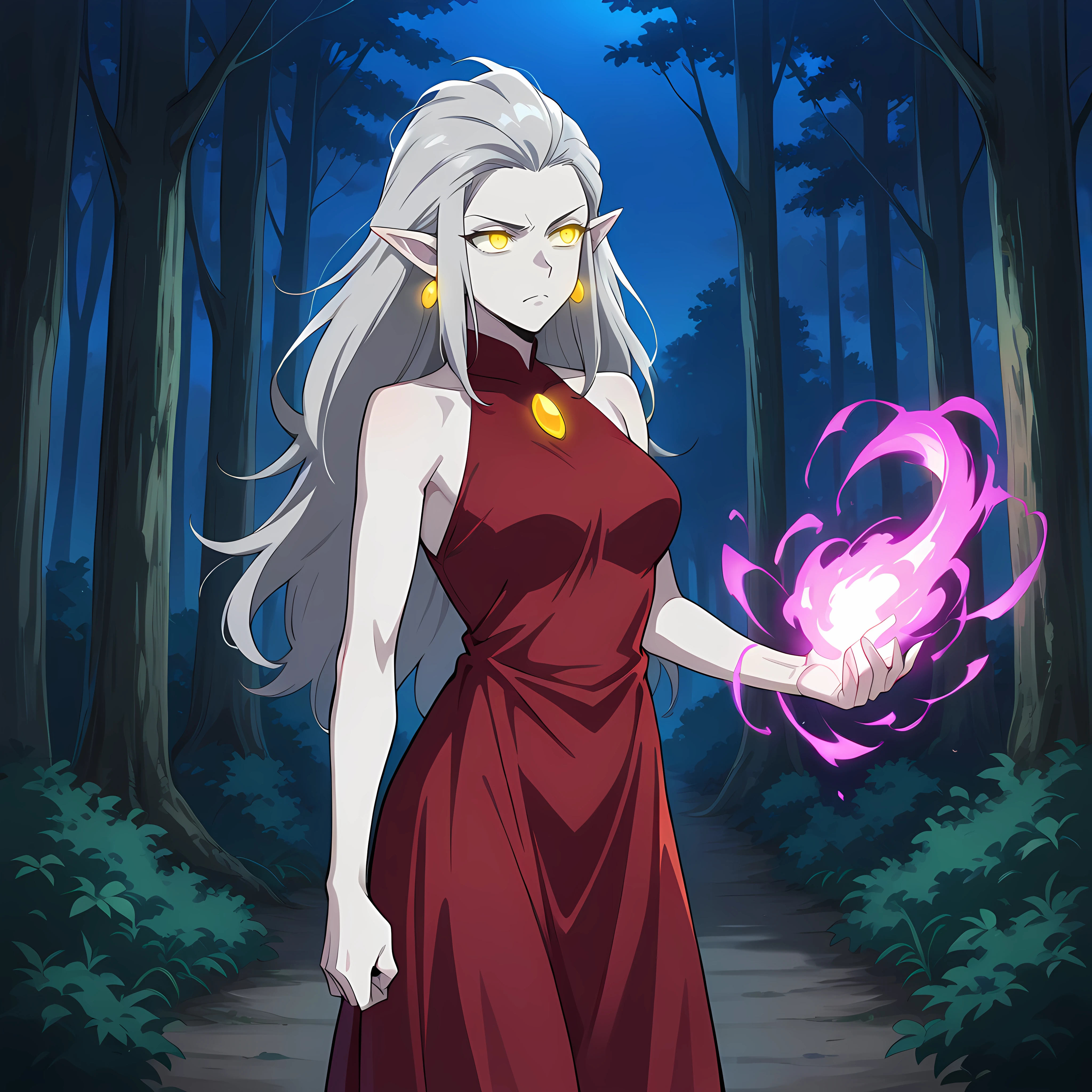 score_9, score_8_up, score_7_up, score_6_up, source_anime, rating_questionable, 1girl, solo, adult woman, night, outdoors, forest, looking away, glowing eyes, serious expression, magic, eda_toh, pointy ears, grey hair, colored skin, pale skin, long hair, yellow eyes,jewelry, earrings, red dress, sleveless dress, bare shoulders