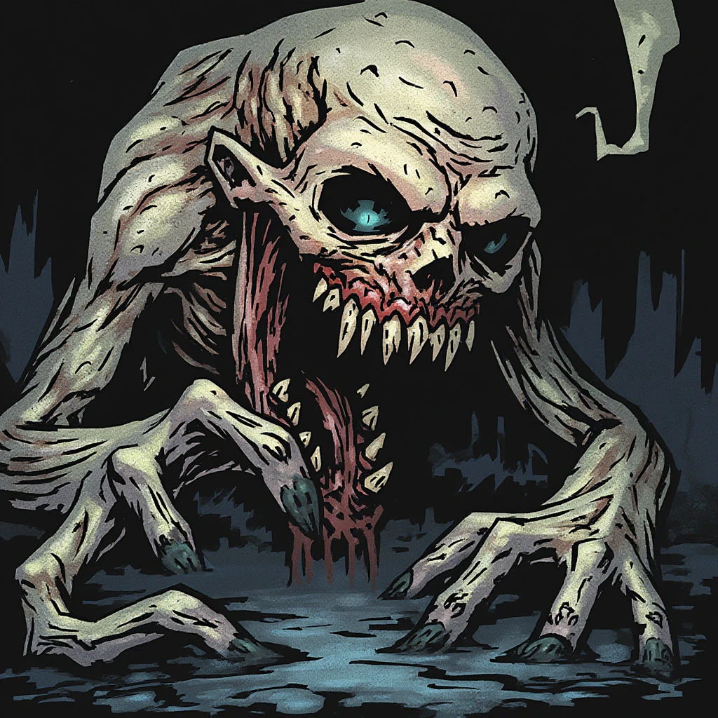 1girl, faceless, sharp_teeth, bifurcated jaw, blood from mouth, long tongue, sharp claws, arthropod limbs, exposed bone, tentacles, blood stain, deformed, creature, monster, aliens, no humans, body horror, down jacket, solo, horror \(theme\), outdoors, night, snowing, snowfield, winter, The Thing,