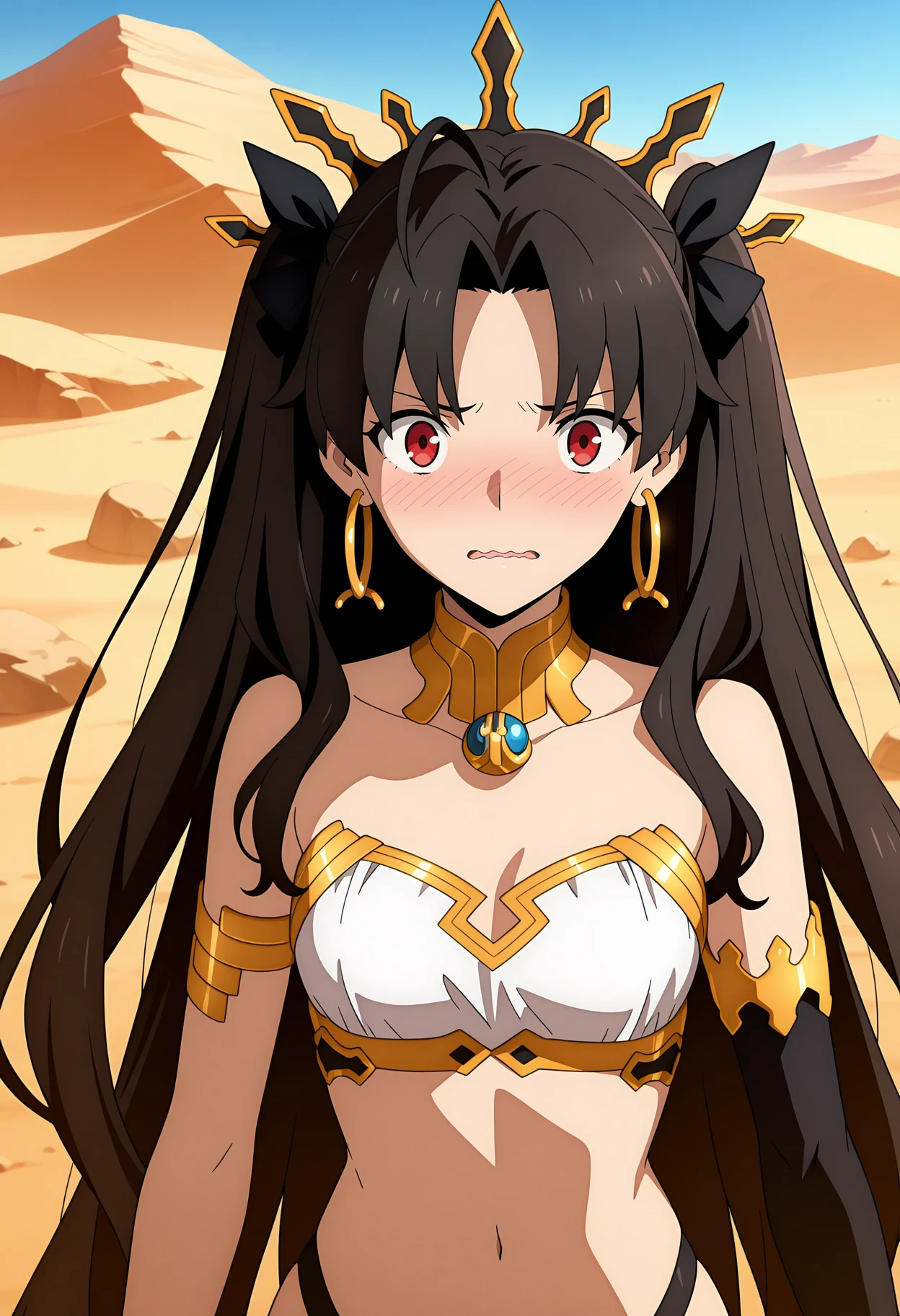 ishtar fate, 1girl, solo, light smile, black hair, red eyes, crown, hoop earrings, white bikini top, black bikini bottom, gold trim, elbow gloves, thighhighs, asymmetrical legwear, shaved armpits, arms behind head, masterpiece