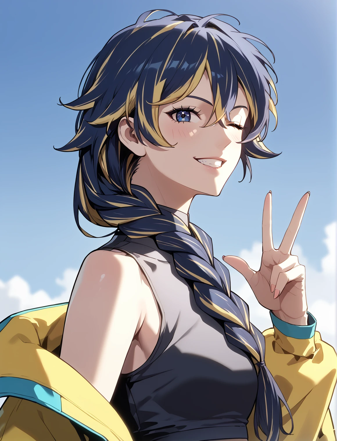 <lora:Kali_Collins_r1:1>
1 girl, solo, multicolored hair, navy blue hair, blonde hair, braid, streaked hair, long hair, navy blue eyes, yellow circle in the iris
White shorts, yellow jacket, belt, midriff, navel, black sleeveless shirt
score_9, score_8_up, score_7_up, very aesthetic, source_anime, detailed, high quality, beautiful, masterpiece, detailed eyes, simple background, blurry background cowboy shot, looking at viewer, upper body, wink, finger on lip, from side