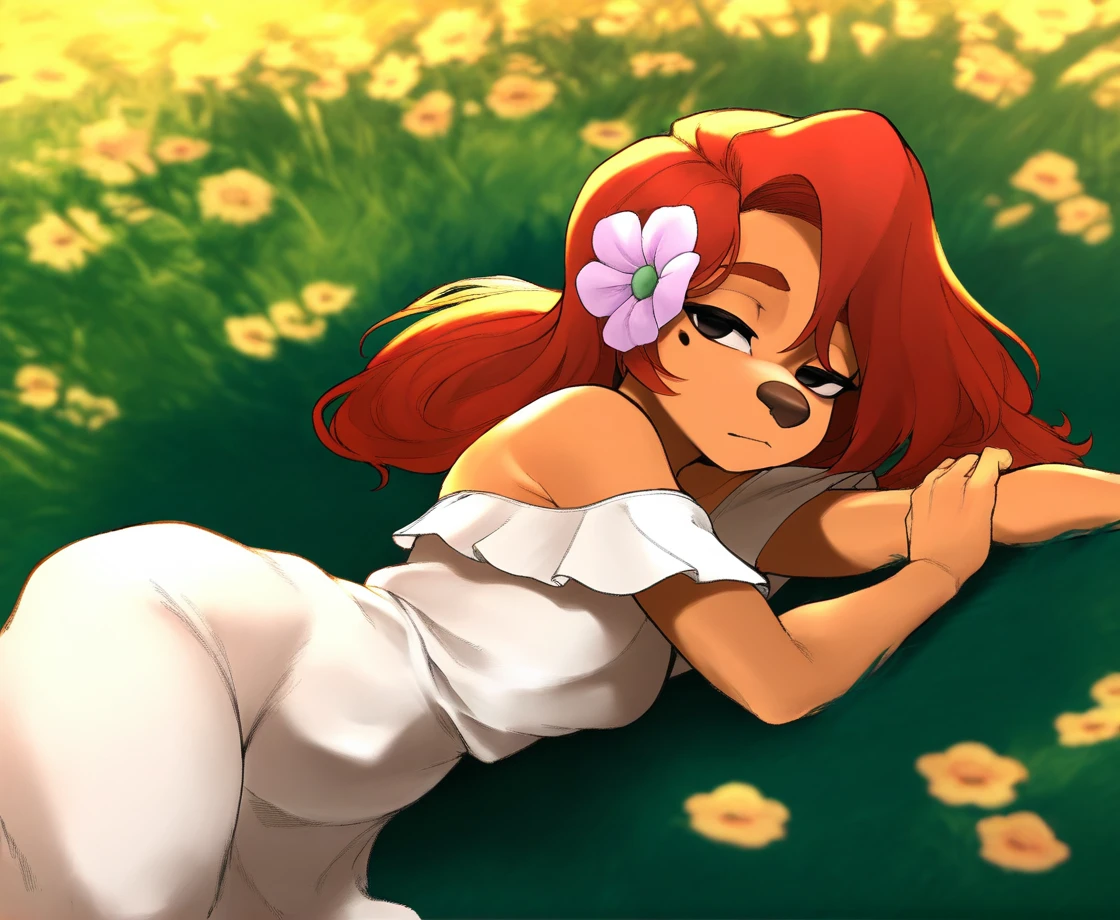 masterpiece, highly detailed, solo, grass, flower, roxannerover, beauty mark, red hair, white dress, flower in hair, bedroom eyes, lying on side, by sleepiness18, <lora:RoxanneXL_010-Noob-nd32-na64-lr2-ep13:1>