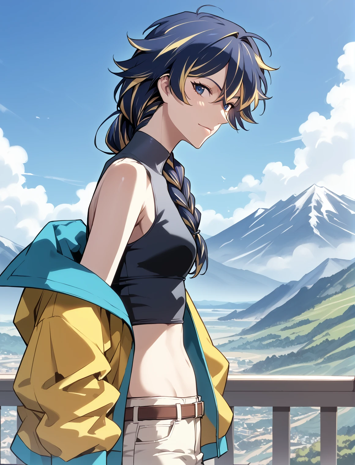 <lora:Kali_Collins_r1:1>
1 girl, solo, multicolored hair, navy blue hair, blonde hair, braid, streaked hair, long hair, navy blue eyes, yellow circle in the iris
White shorts, yellow jacket, belt, midriff, navel, black sleeveless shirt
score_9, score_8_up, score_7_up, source anime, BREAK, cowboy shot, (from side), looking back, looking at viewer, overlooking mountain, high altitude, scenery, exterior, background, (solo), perfect hands
