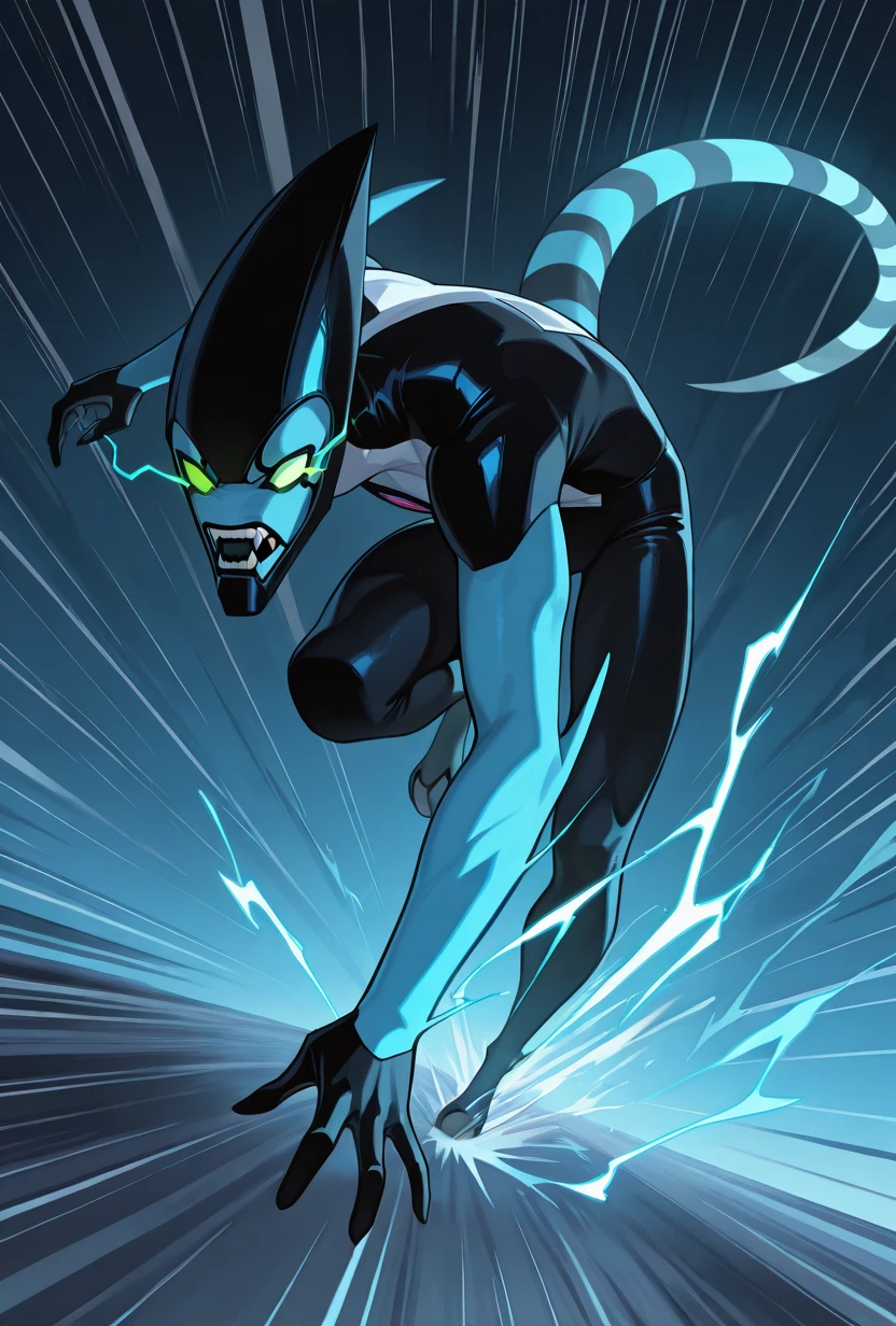 <lora:xlr8-07:1> xlr8, solo, green eyes, blue skin, , stripped tail, 1boy, black mouth, mouth strip, lines from mouth edges, dynamic pose, speeding, speed lines, fast, running, detailed background, superspeed, running, blue electricity, motion blur, blue light trail, , || glowing eyes, eye trail, masterpiece, best quality, amazing quality, very aesthetic, absurdres, newest,