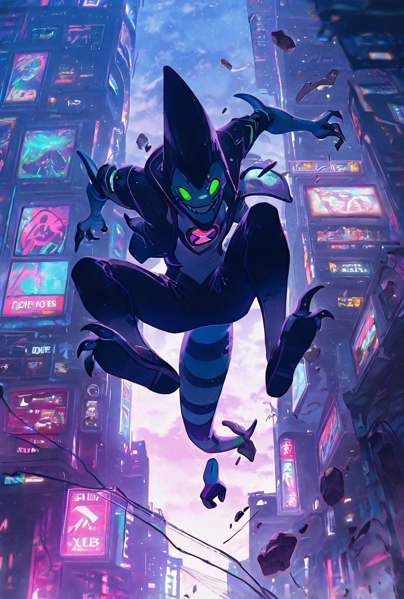 <lora:xlr8-08:1> xlr8, solo, green eyes, blue skin, black lips, stripped tail, 1boy, black mouth strip,, detailed background, black claws, <lora:WSSKX_WAI:1> jumping, falling between buildings, character focus, dropping, smiling, between bulding, sky scrapers, neon cyberpunk city,, masterpiece, best quality, amazing quality, very aesthetic, absurdres, newest,