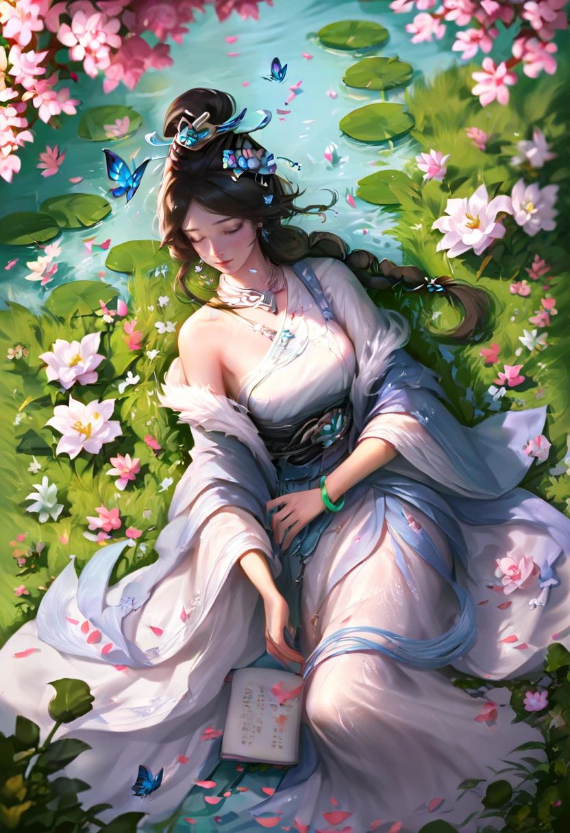 Blooming lotus flowers stand up with turquoise stems, like a maiden looking into the distance, blue sky, white clouds and blue water, dream background, beauty, Surrealism, high detail, Futurism, Romanticism, Gothic art, Verism, UHD, best quality, super detail, highres