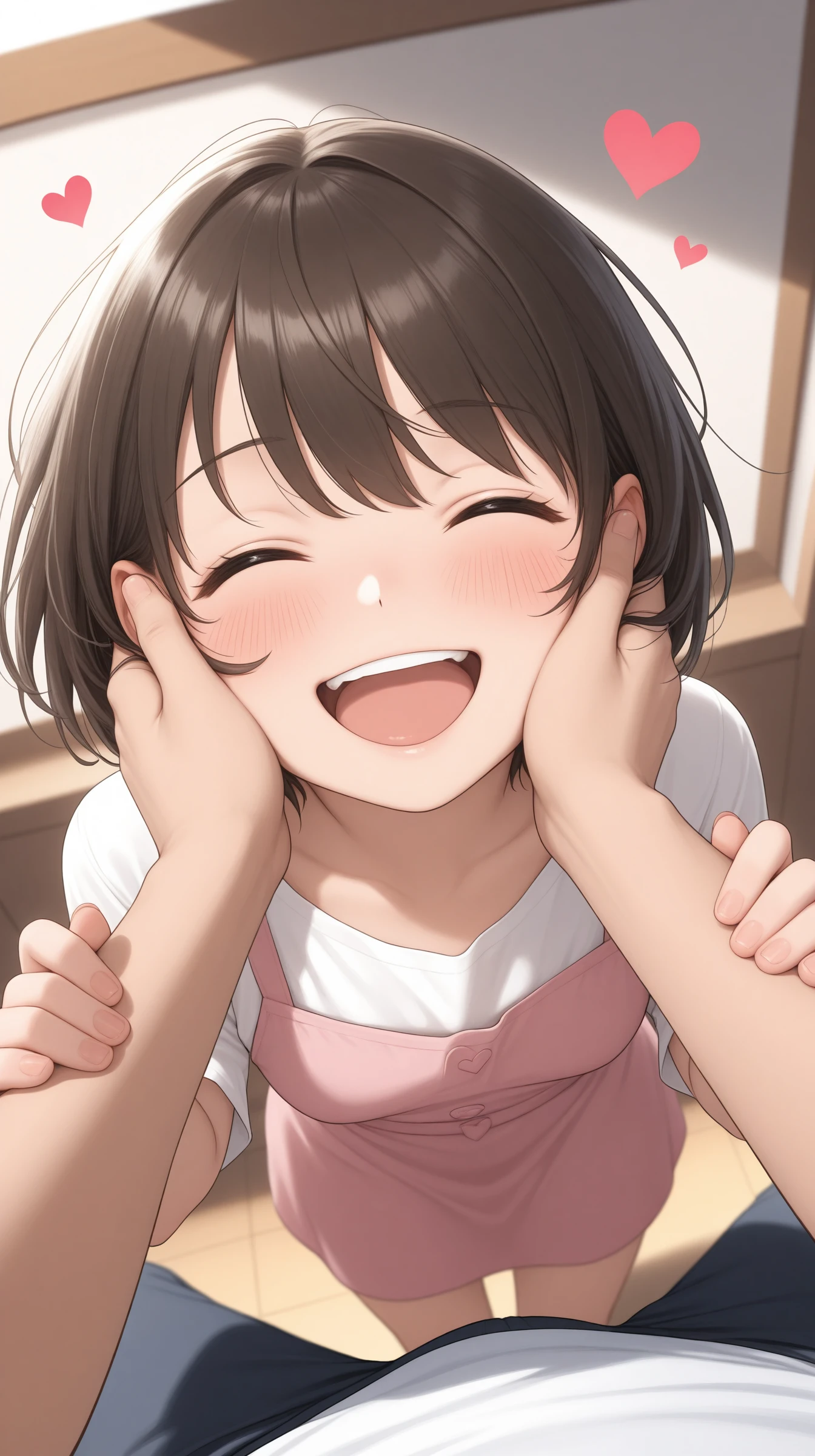masterpiece, best_quality, amazing_quality, very_aesthetic, absurdres, newest, blush, closed eyes, happy, heart, open mouth, pov, pov hands, smile, solo focus, dynamic angle, dynamic posing,