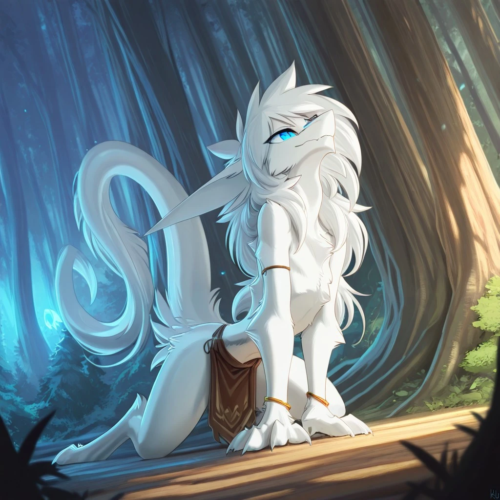 ultra-detailed, masterpiece, masterwork, high quality, best quality, hdr, posted on e621, (by hioshiru), nsfw, female, (white little body dragon), hairy dragon, (long silver hair, yellow eyes, detailed eyes, white body), stylish pose, (nude), front view, dynamic angle