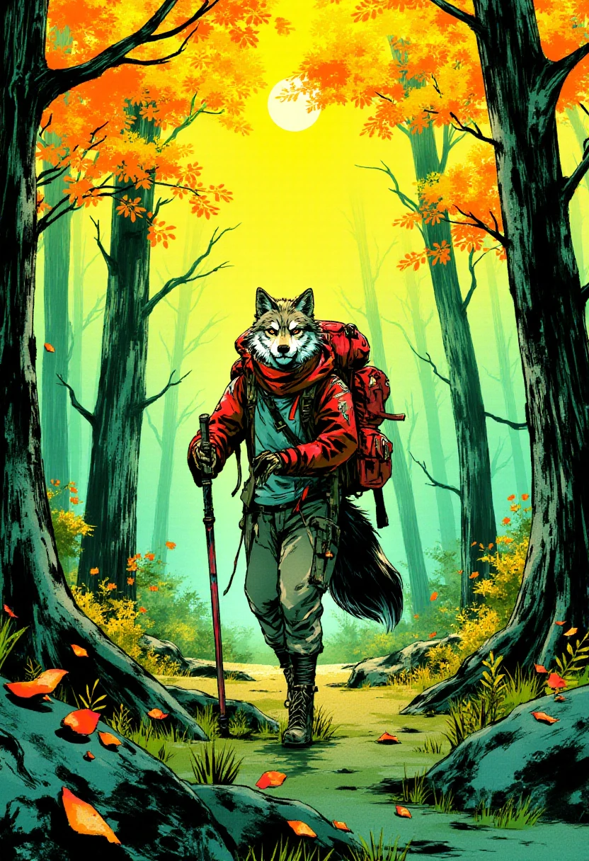 <lora:Yoji_Shinkawa_Style_FLUX-000012:0.8>
This image is a stylized digital illustration with a gritty yshinkawa cyberpunk anime aesthetic, showcasing A wolf hiking in a vibrant forest with a backpack and a walking stick.