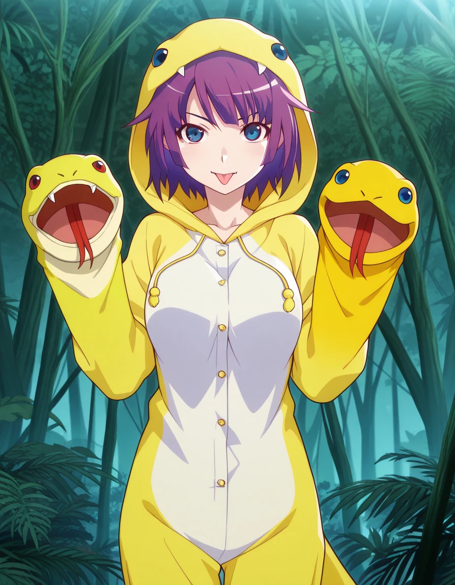 masterpiece, best quality, amazing quality,, <lora:hitagi-senjougahara-anime-illustriousxl-lora-nochekaiser:1>, hitagi senjougahara, bangs, short hair, blue eyes, purple hair, breasts, anime screencap, <lora:snake-costume-ponyxl-lora-nochekaiser:1> snake costume, tongue, fang, hood, tongue out, hoodie, :p, pajamas, animal hood, animal costume, slit pupils, forked tongue, hands up, puppet, hand puppet, outdoors, jungle, trees, cowboy shot, looking at viewer,, , cowboy shot, solo