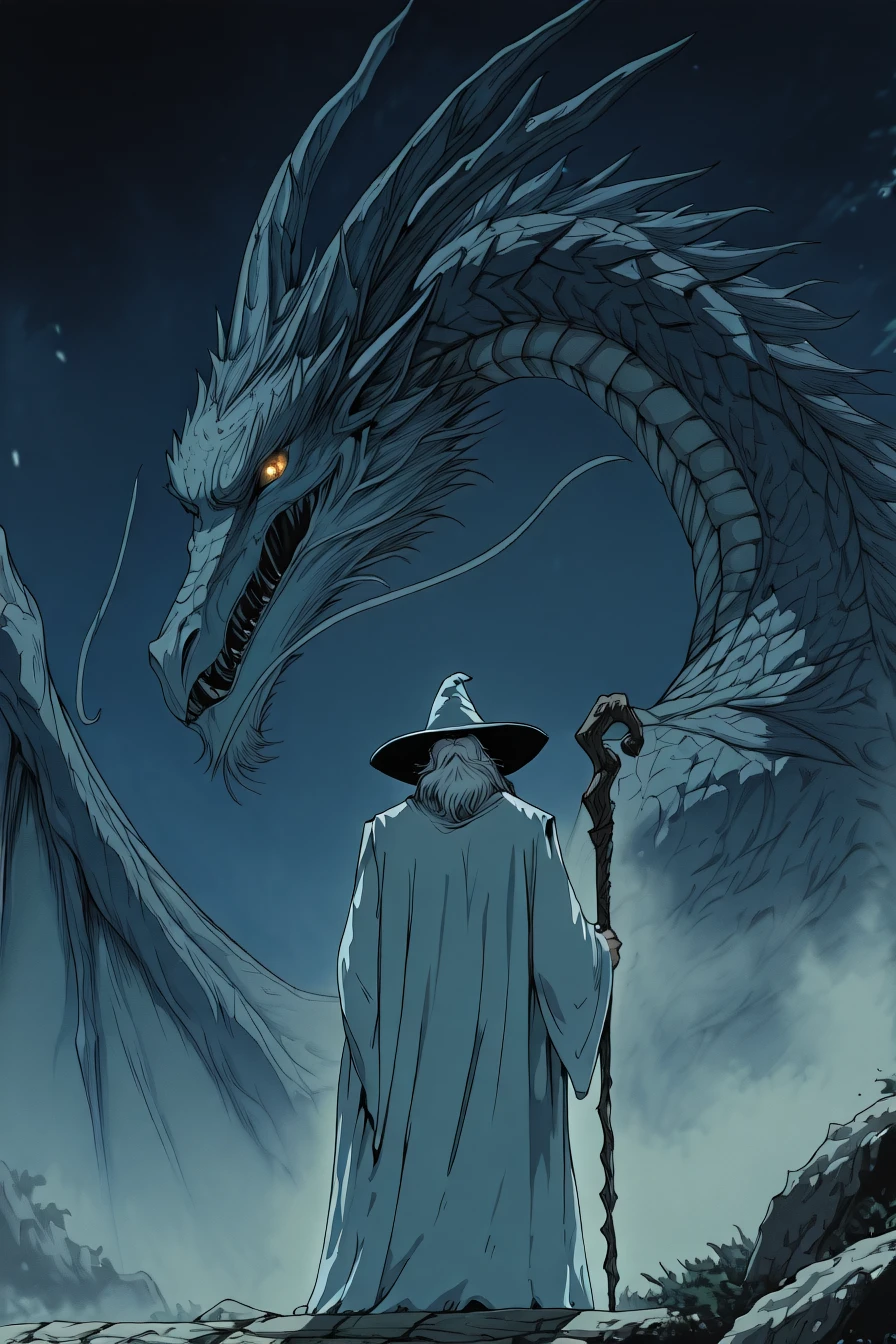gandalf, wizard, old man, white beard, white robe, staff, witch hat, 1boy, solo, alone, from behind, dragon, facing dragon, <lora:the_lord_of_the_rings_style_illustriousXL_r1:1>, lotr_style, masterpiece, highres
