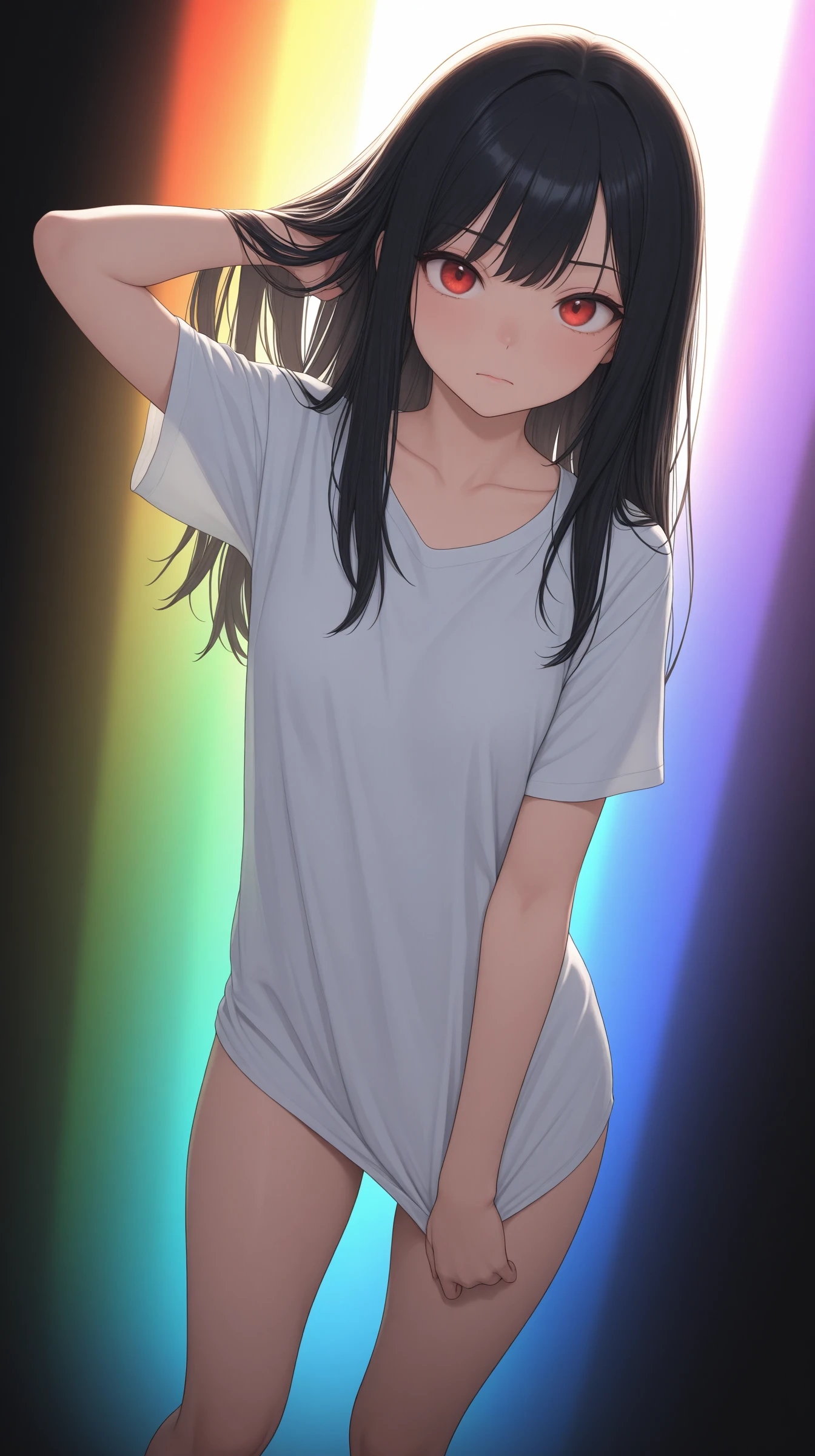 masterpiece, best_quality, amazing_quality, very_aesthetic, absurdres, newest, 1girl, black hair, closed mouth, collarbone, long hair, looking at viewer, red eyes, shirt, short sleeves, solo, standing, rainbow colored spotlight, dynamic angle, dynamic posing,