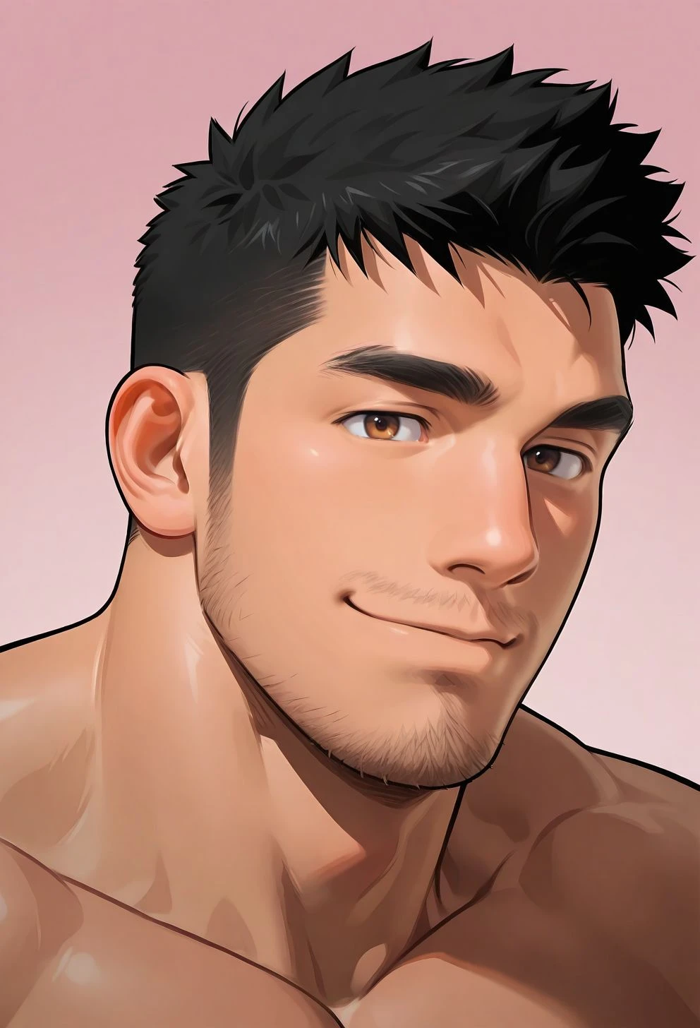flat color,1boy,bara,muscular male,stubble,brown eyes,black hair,long sideburns,pink background,gradient background,close-up,smile,
very awa,masterpiece,best quality,absurdres,newest,perfect quality,detailed background,intricate details,<lora:wwh-vc:0.8>,