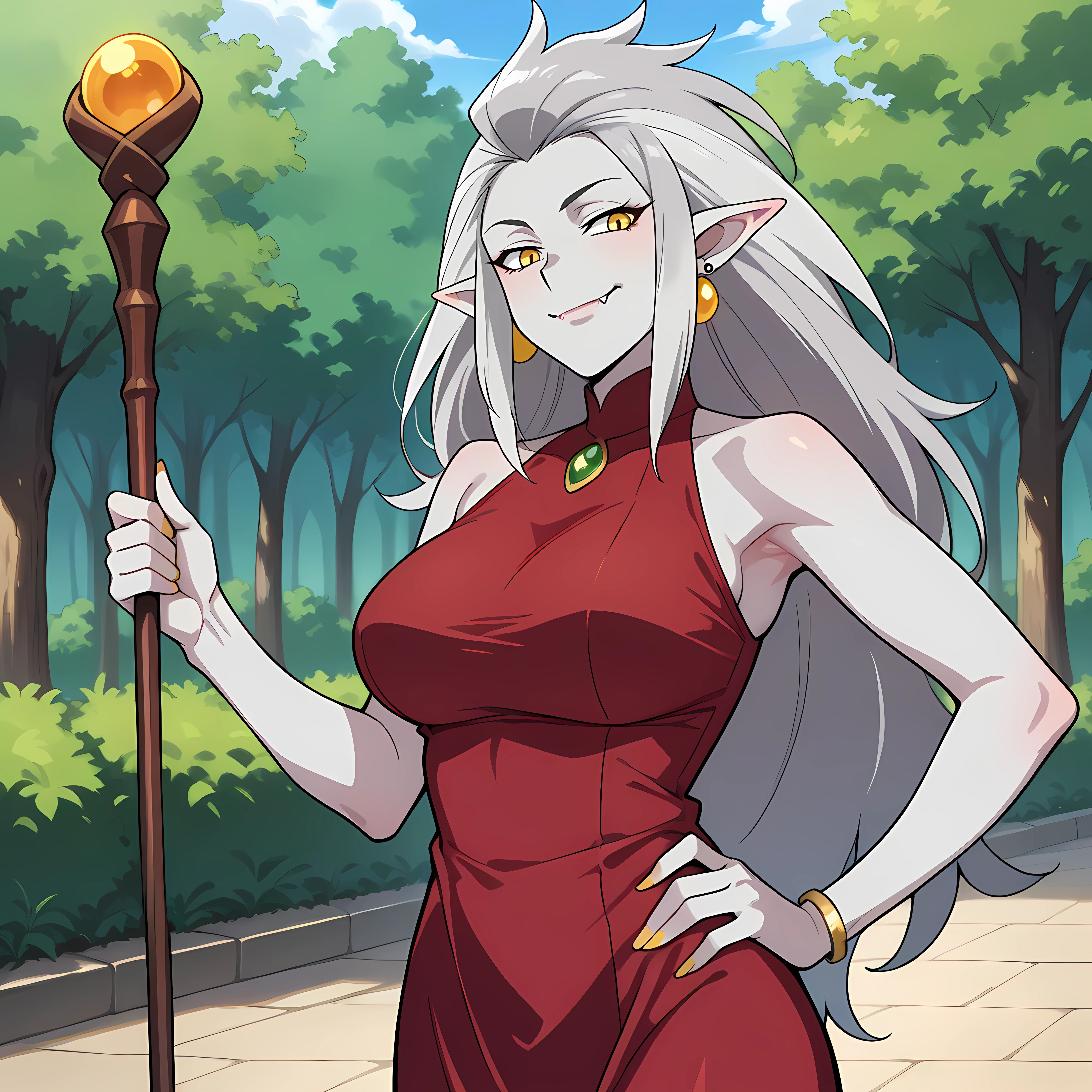score_9, score_8_up, score_7_up, score_6_up, source_anime, rating_questionable, 1girl, solo, outdoors, mature woman, Eda_TOH, jewelry, pointy ears, earrings, 1girl, long hair, yellow eyes, colored skin, grey hair, fang, smile, red dress, staff, hand on own hip