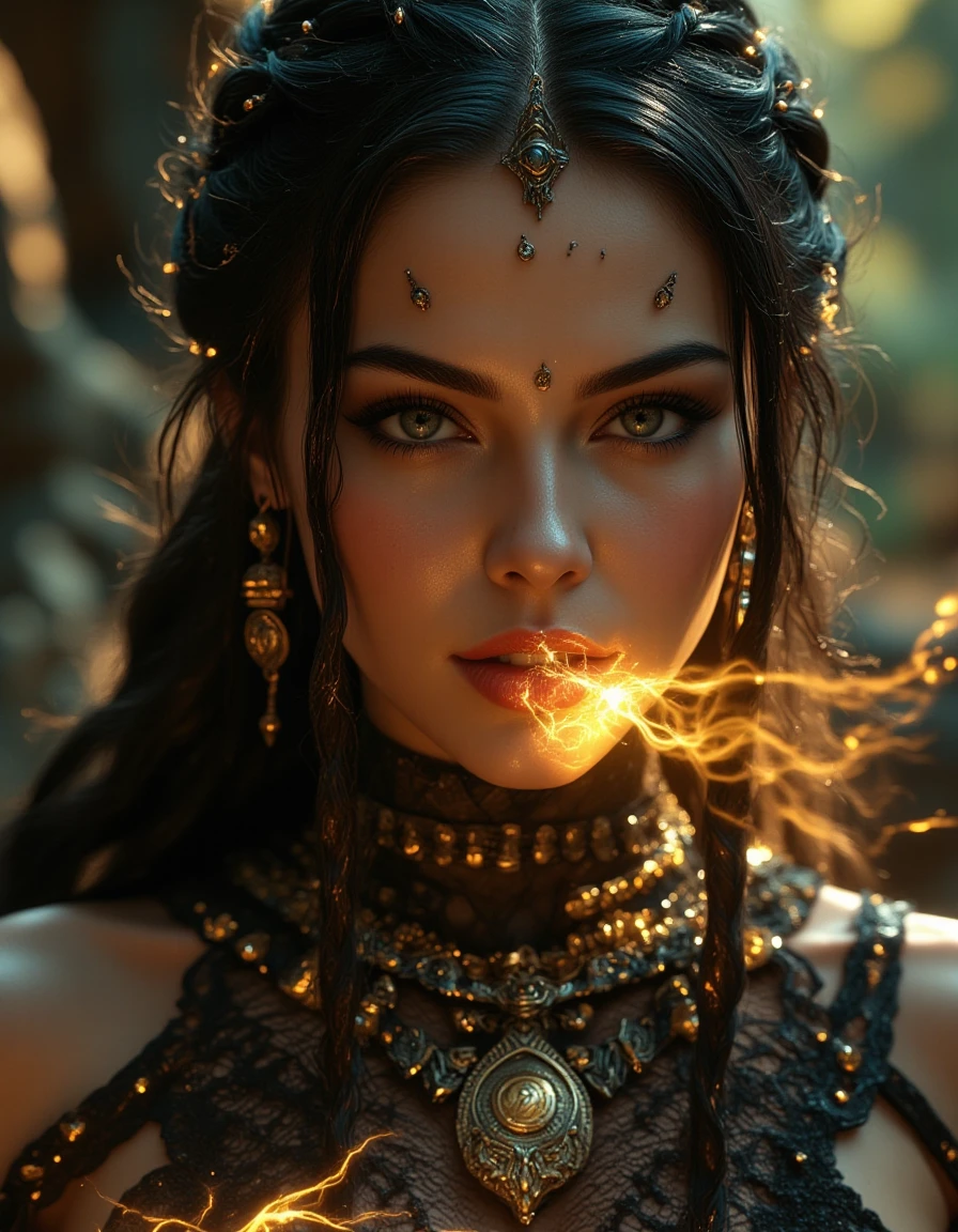 hyperrealistic, photo, masterpiece, stunning, best quality,
professional digital artwork of a beautiful and stunning curvy woman, She is a fierce, mythic warrior with an almost magical presence. Her outfit is an chaotic mix of lace, leather, metal and enchanted relics that are reminiscent of ancient legends and seems mystical. Her dark hair is braided with ((threads of gold and silver)), adorned with tiny charms shaped like mythical creatures and runes that glint with bright, otherworldly light. Her eyes are a striking stormy gray, and a scar runs from her cheek to her jawline, suggesting she's faced creatures straight from legend. Around her neck, she wears an amulet made from a shard of broken mythstone, pulsating faintly with magic, inscribed with runes. the entire scene is flooded with light but still mystical and mysterious. intricate details, cinematic, scary lighting, vibrant colors, (ultra detailed, high quality texture), (sharp), (artistic image), 8K, dynamic, depth of field, intricate, <lora:MS_Fantasy_Flux_V1:1>