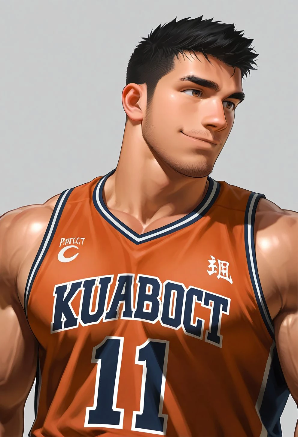 simple background,
1boy,bara,muscular male,stubble,brown eyes,black hair,long sideburns,
smile,basketball uniform,upper body,
very awa,masterpiece,best quality,absurdres,newest,perfect quality,detailed background,intricate details,<lora:wwh-vc:0.8>,