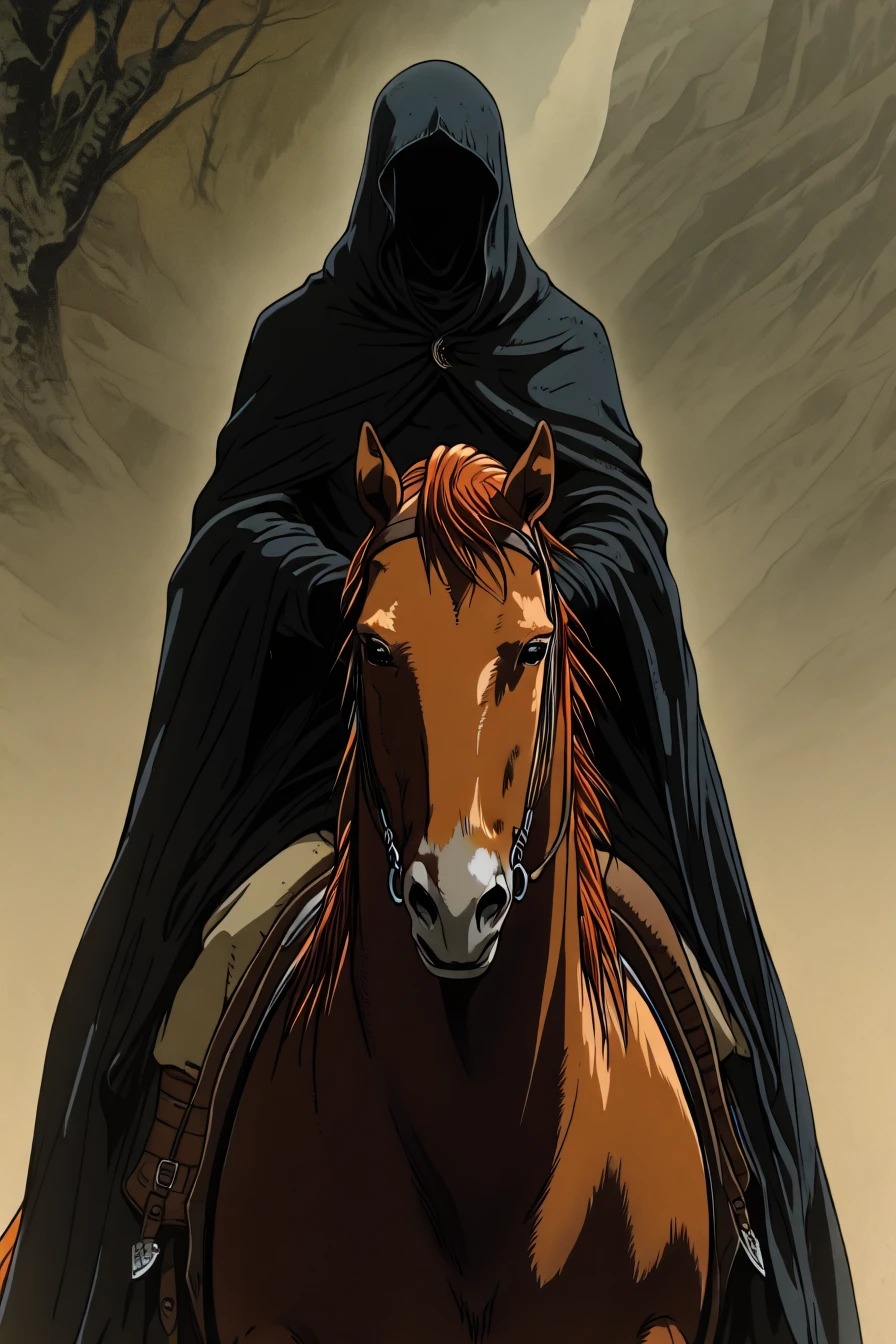 nazgul, hood up, hooded cloak, 1boy, solo, alone, horse, riding horse, <lora:the_lord_of_the_rings_style_illustriousXL_r1:1>, lotr_style, masterpiece, highres