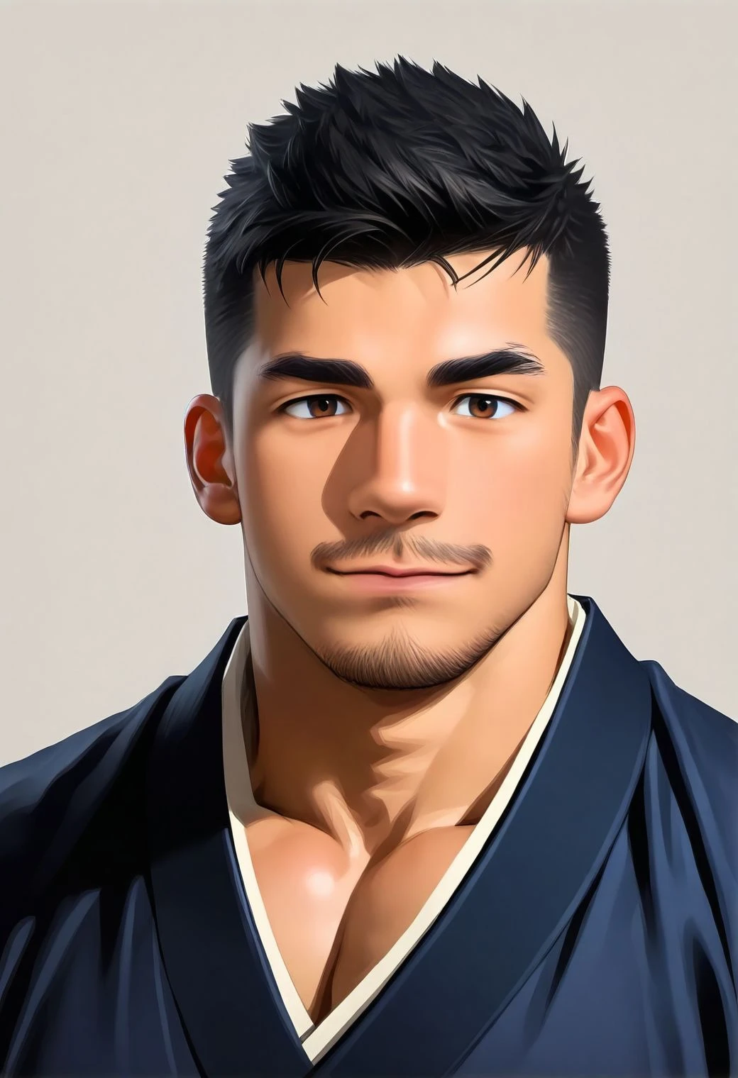 best quality,full color,contrasting color,highly detailed,detailed skin,
1boy,bara,muscular male,upper body,closed mouth,light smile,upper teeth only,kimono,
very awa,masterpiece,best quality,absurdres,newest,perfect quality,detailed background,intricate details,
<lora:4k:1>,<lora:wwh-vc:1>,goatee,stubble,mustache,black hair,brown eyes,facial hair,crew cut,