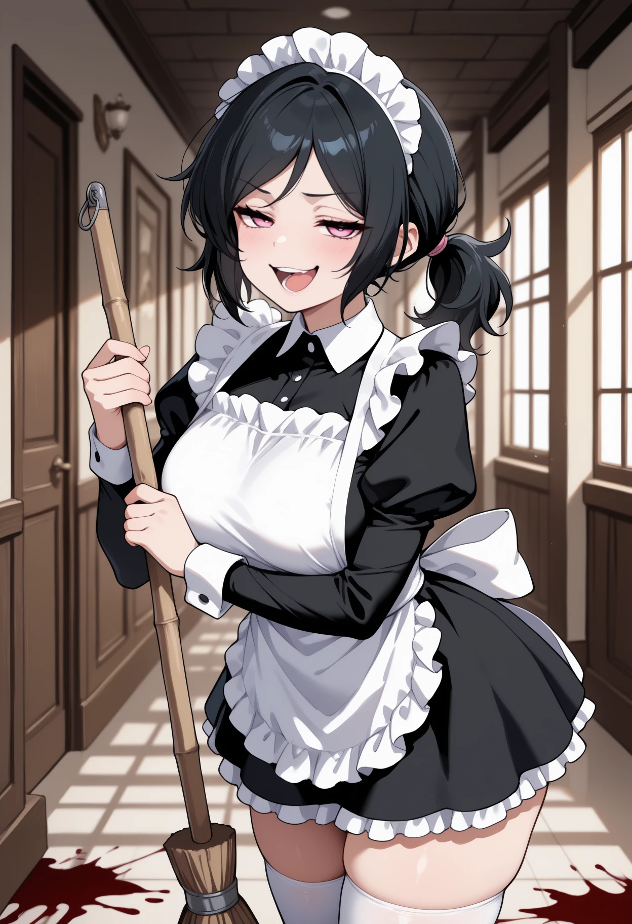 masterpiece, best quality, newest, solo, 1girl, smug, open mouth, teeth, looking at viewer, holding broom, black hair, ponytail, maid headdress, pink eyes, half-closed eyes, frills, short dress, black dress, frilled dress, juliet sleeves, white apron, maid apron, white thighhighs, indoors, hallway, blood splatter
<segment:yolo-Anzhc Face seg 640 v2 y8n.pt,0.4,1//cid=11>