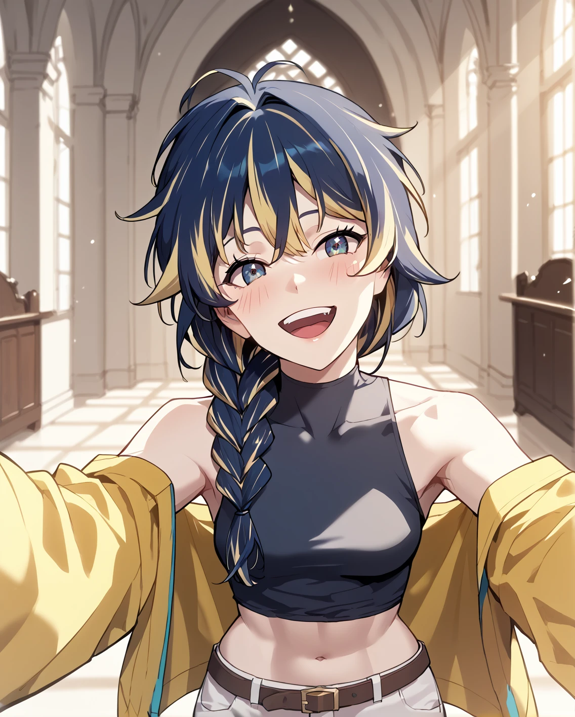 <lora:Kali_Collins_r1:1>
1 girl, solo, multicolored hair, navy blue hair, blonde hair, braid, streaked hair, long hair
White shorts, yellow jacket, belt, midriff, navel, black sleeveless shirt
score_9, score_8_up, score_7_up, score_6_up, source_anime, rating_explicit, 1girl, solo, smile, embarrassed, alcalose eyes, open mouth, mansion, indoors, looking at viewer, outstretched arms, pov, close-up, (head tilt:1.2)