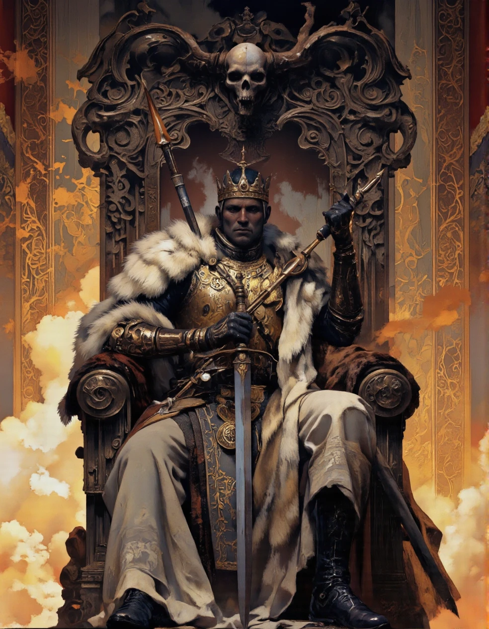 Art by Piotr JabÅoÅski. A digital illustration shoot from the front about a regal figure seated on a throne adorned with fur, holding weapons, and a skull above, set against a backdrop of a sunset sky with orange and yellow hues. on the middle of the image, a muscular, dark-skinned man, who appears to be in his late 20s, is sitting on a large, ornate throne with a fur-covered seat. he has a stern expression and is wearing ornate armor, including a crown, breastplate, and gauntlets. he is holding a long, curved sword and a spear, both of which are intricately designed with detailed patterns. the man is facing the viewer, looking directly at them with a calm and determined expression. the throne is surrounded by a warm, golden glow, with intricate patterns and a decorative border around the edges. the overall atmosphere is dramatic and dramatic, with a sense of power and authority.