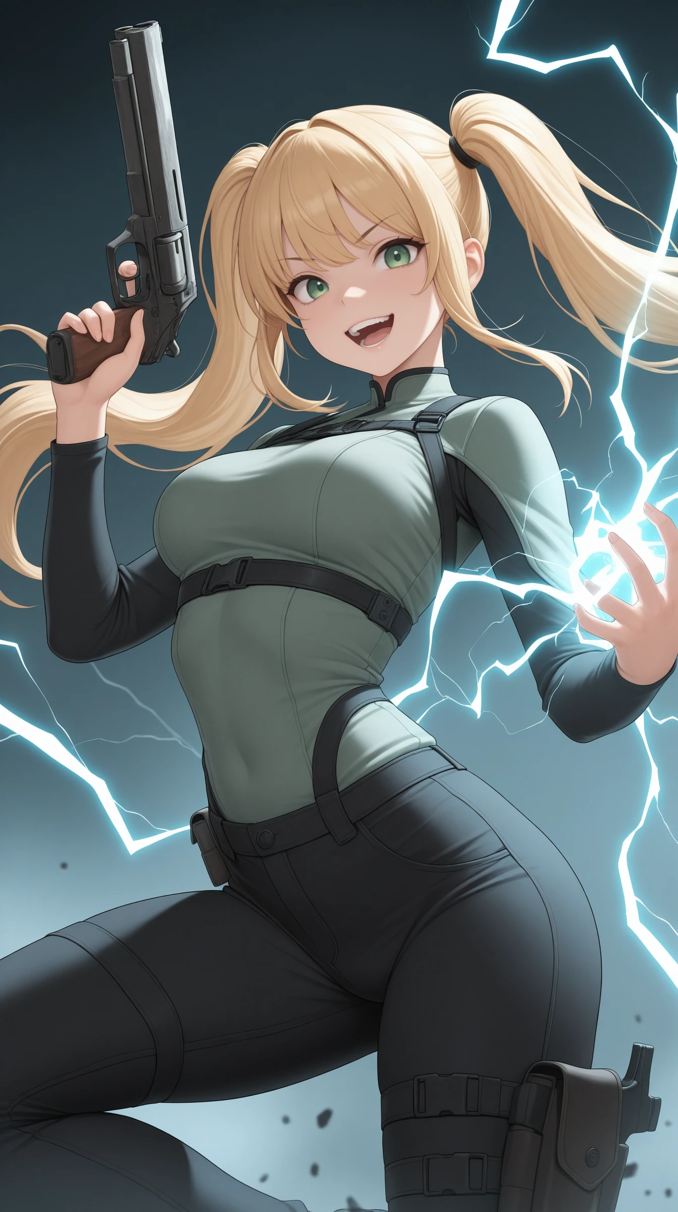 masterpiece, best_quality, amazing_quality, very_aesthetic, absurdres, newest, 1girl, black pants, blonde hair, breasts, electricity, green eyes, long hair, looking at viewer, medium breasts, open mouth, pants, smile, solo, teeth, twintails, weapon, gun, dynamic angle, dynamic posing