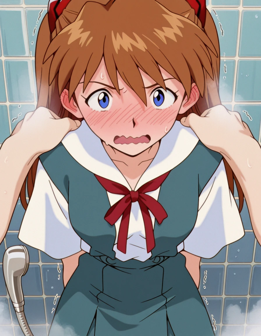 masterpiece, best quality, amazing quality,, <lora:asuka-langley-soryuu-classic-illustriousxl-lora-nochekaiser:1>, asuka langley soryu, long hair, bangs, blue eyes, brown hair, hair ornament, breasts, anime screencap, school uniform, tokyo-3 middle school uniform,, shower, water, steam, shower head, tiles, , full-face blush, embarrassed, blush, sweat, ear blush, blush, wavy mouth, trembling, open mouth, hands on another's shoulders, pov, pov hands, cowboy shot, looking at viewer, solo,, cowboy shot, solo