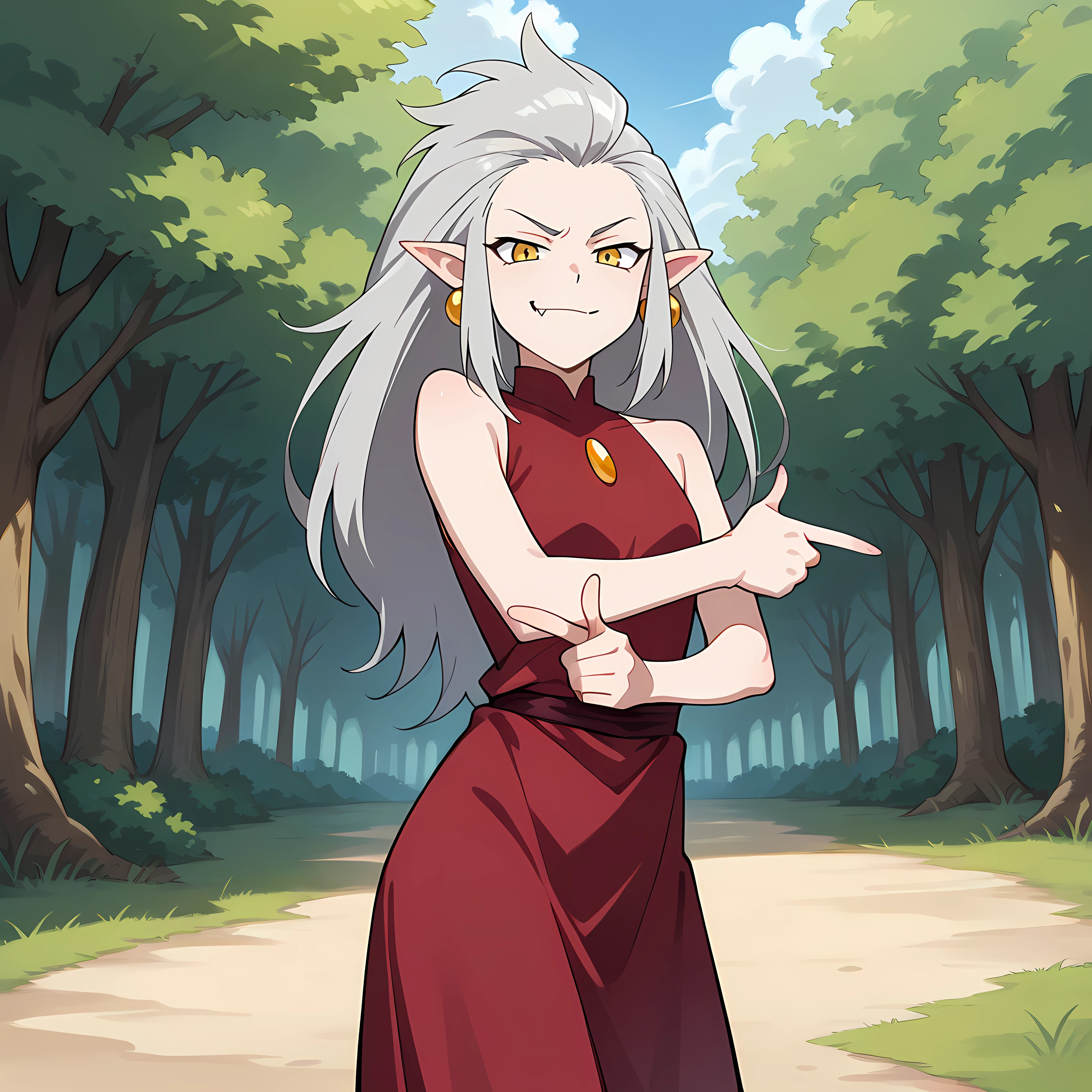 score_9, score_8_up, score_7_up, score_6_up, source_anime, rating_questionable, 1girl, solo, outdoors, cowboy shot, smirk, fang, finger guns, looking at viewer, medieval setting, rustic setting, eda_toh, pointy ears,colored skin, grey hair, long hair, yellow eyes,jewelry, earrings, red dress, sleveless dress, bare shoulders, chest jewel