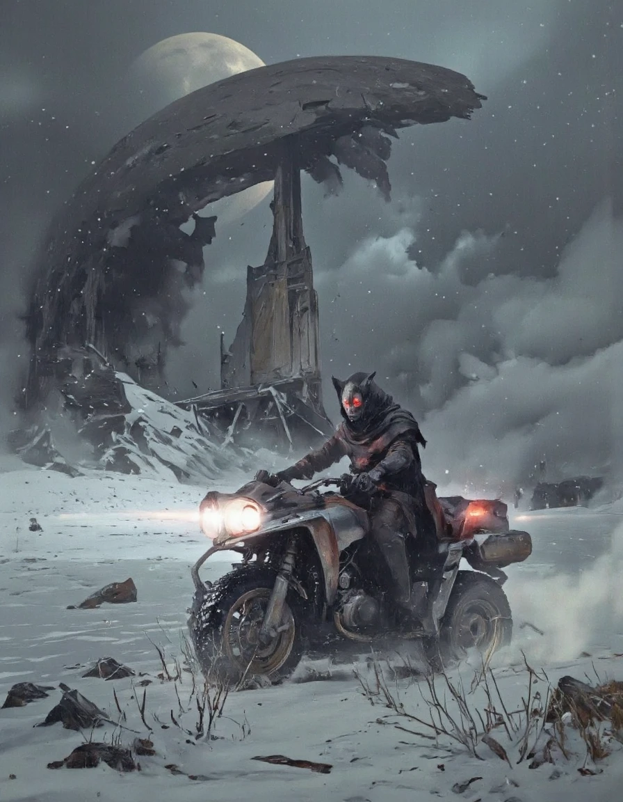 Art by Piotr JabÅoÅski. A digital illustration shoot from a front camera angle about a futuristic, anthropomorphic creature riding a futuristic vehicle in a stormy landscape. the image also shows a dark, ominous atmosphere with a large moon in the sky and a desolate, ruined structure in the background. on the middle of the image, a male, who appears to be in his mid-twenties, wearing a black, hooded cloak with glowing red eyes, is sitting on a four-wheeled, off-road vehicle. the vehicle has a sleek, metallic design with a low-tied frame and large, angular headlights. the creature has a cat-like face and is positioned in the center of the frame, facing the viewer with a determined expression. the scene is set in a desolate landscape with snow-covered ground and a large, dilapidated structure looming in the distance. the overall mood is dark and foreboding, with a sense of danger and urgency.