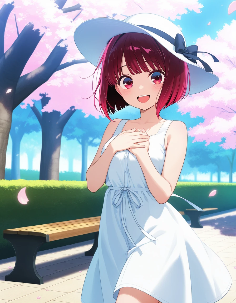 masterpiece, best quality, amazing quality,, <lora:kana-arima-s1-illustriousxl-lora-nochekaiser:1>, kana arima, short hair, bangs, red eyes, red hair, bob cut, breasts, anime screencap, hat, dress, ribbon, sleeveless, white dress, sleeveless dress, white headwear, sun hat, sundress,, park, cherry blossoms, bench, gentle breeze, peaceful, running, open mouth, smile, hands on own chest, looking at viewer, solo,, cowboy shot, solo