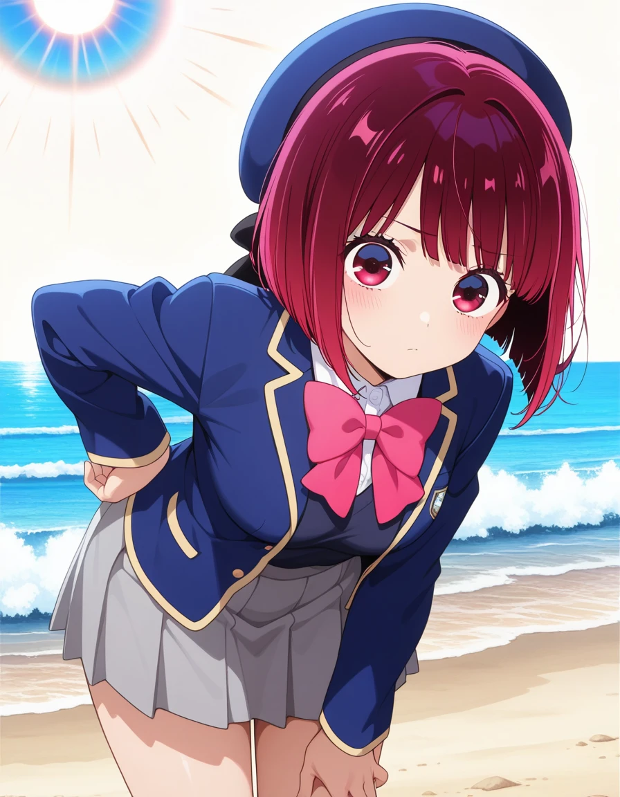 masterpiece, best quality, amazing quality,, <lora:kana-arima-s1-illustriousxl-lora-nochekaiser:1>, kana arima, short hair, bangs, red eyes, red hair, bob cut, breasts, anime screencap, skirt, long sleeves, hat, bow, school uniform, jacket, pink bow, grey skirt, blue headwear,, beach, sand, waves, sun, ocean, , leaning forward, looking at viewer, solo,, cowboy shot, solo
