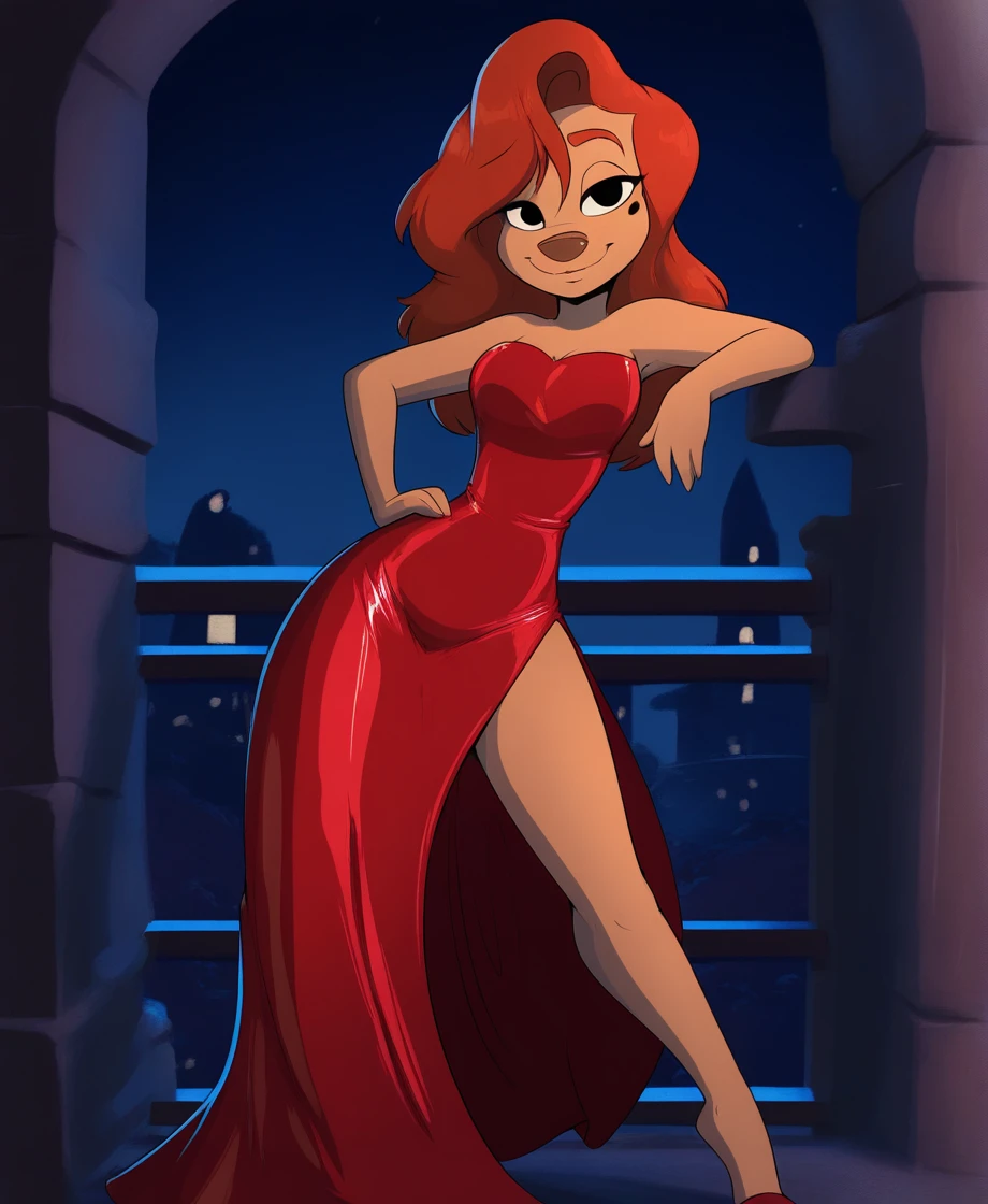 masterpiece, highly detailed, solo, roxannerover, beauty mark, red hair, tight red dress, pinup pose, smile, looking at viewer, alleyway, night, by helixjack, <lora:RoxanneXL_010-Noob-nd32-na64-lr2-ep13:1>