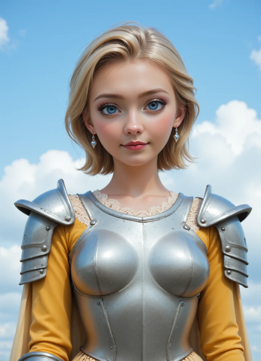 A photo-realistic shoot from a portrait camera angle about a young woman dressed in medieval armor, set against a bright blue sky with fluffy white clouds. the image also shows a woman in the middle of the image, who appears to be in her early twenties, with fair skin, blue eyes, and blonde hair styled in a short bob. she is facing the viewer with a neutral expression, looking directly at them. the woman is wearing a silver armor bodysuit with a white lace collar, a yellow dress with long sleeves, and a pair of earrings. her body is slim, and she has a slight smile on her lips. her hair is styled in short hair, and her eye color is blue. the lighting is bright and natural, casting soft shadows on her face and body.,1girl, solo, breasts, looking at viewer, smile, short hair, blue eyes, blonde hair, long sleeves, dress, cleavage, jewelry, medium breasts, upper body, outdoors, earrings, sky, day, cloud, armor, blue sky, eyelashes, see-through, lips, clothing cutout, makeup, cleavage cutout, cloudy sky, lipstick, shoulder armor, corset, eyeshadow, pauldrons, breastplate, pink lips, nose, realistic, see-through sleeves, knight, mascara, plate armor, boobplate,