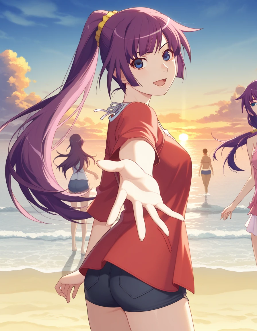masterpiece, best quality, amazing quality,, <lora:hitagi-senjougahara-anime-illustriousxl-lora-nochekaiser:1>, hitagi senjougahara, long hair, bangs, ponytail, sidelocks, scrunchie, blue eyes, purple hair, breasts, anime screencap, <lora:looking-back-reaching-towards-viewer-ponyxl-lora-nochekaiser:1>, looking back reaching towards viewer, looking at viewer, solo focus, smile, looking back, open mouth, reaching towards viewer,, ocean, beach, outdoors, sky, cowboy shot, sunset, clouds, thighs, solo,, , cowboy shot, solo