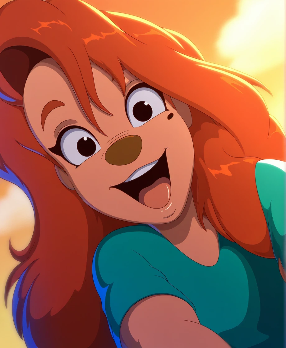 masterpiece, highly detailed, solo, roxannerover, beauty mark, red hair, regular clothes, open smile, looking at viewer, close-up, orange sky, by tridark, <lora:RoxanneXL_010-Noob-nd32-na64-lr2-ep13:1>