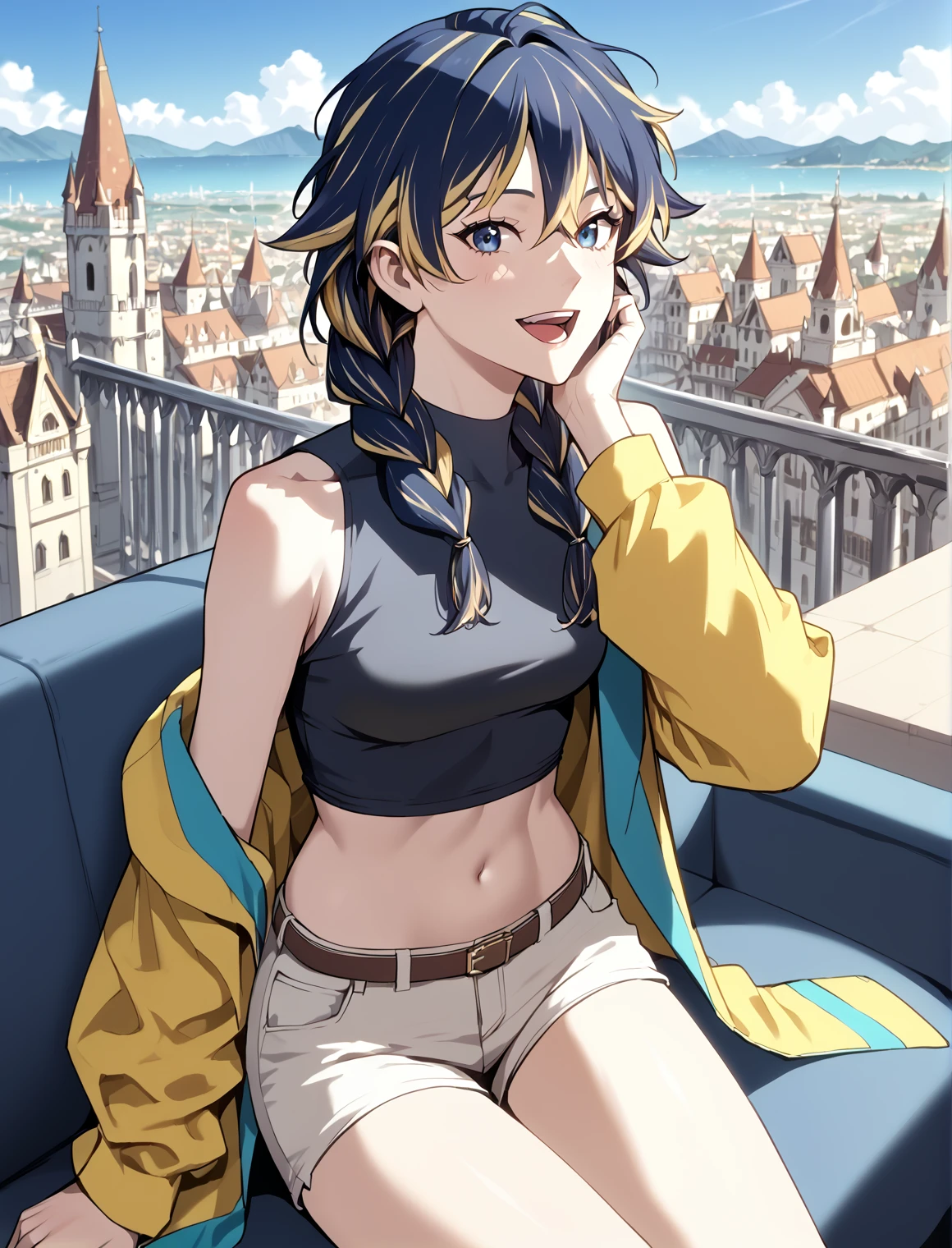 <lora:Kali_Collins_r1:1>
1 girl, solo, multicolored hair, navy blue hair, blonde hair, braid, streaked hair, long hair, navy blue eyes, yellow circle in the iris
White shorts, yellow jacket, belt, midriff, navel, black sleeveless shirt
score_9, score_8_up, score_7_up, very aesthetic, source_anime, detailed, high quality, beautiful, masterpiece, detailed eyes, castle, village, blurry background, cityscape, pose dynamic angle, light smile, open mouth, hand on hair, sitting