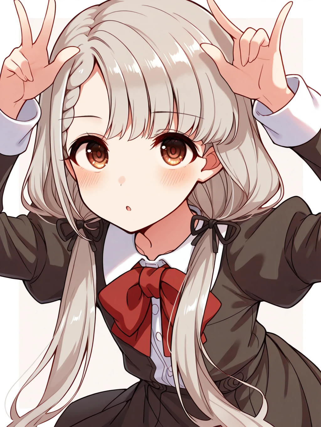 masterpiece,best quality,very aesthetic,absurdres,highres,newest,
hskwng school, hisakawa nagi,
asymmetrical bangs, bow, bowtie, braid, braided bangs, grey hair, hair ribbon,
juliet sleeves, long hair, long sleeves, puffy sleeves, red bow, red bowtie, ribbon,
twintails, black ribbon, blush, brown eyes, collared shirt,
dress shirt, low twintails, shirt, skirt, white shirt,
black jacket, black skirt, black dress,
dress,
eyebrows visible through hair,
eye_focus,<lora:eye_focus:1>,
<lora:idolmaster_hisakawa_nagi_ill_v1.0:1>,