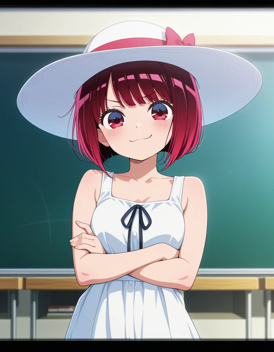 masterpiece, best quality, amazing quality,, <lora:kana-arima-s1-illustriousxl-lora-nochekaiser:1>, kana arima, short hair, bangs, red eyes, red hair, bob cut, breasts, anime screencap, hat, dress, ribbon, sleeveless, white dress, sleeveless dress, white headwear, sun hat, sundress,, school, classrooms, students, teachers, learning, , crossed arms, smug, looking at viewer, solo,, cowboy shot, solo