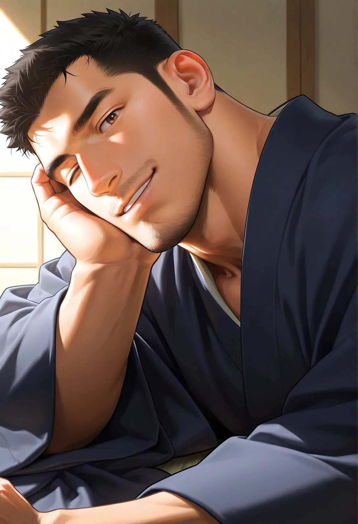 asian,1boy,bara,brown eyes,black hair,long sideburns,
kimono,looking at viewer,parted lips,lying on side,sunlight,one eye closed,smile,from side,
very awa,masterpiece,best quality,absurdres,newest,perfect quality,detailed background,intricate details,
<lora:wwh-vc:0.6>,goatee,stubble,mustache,