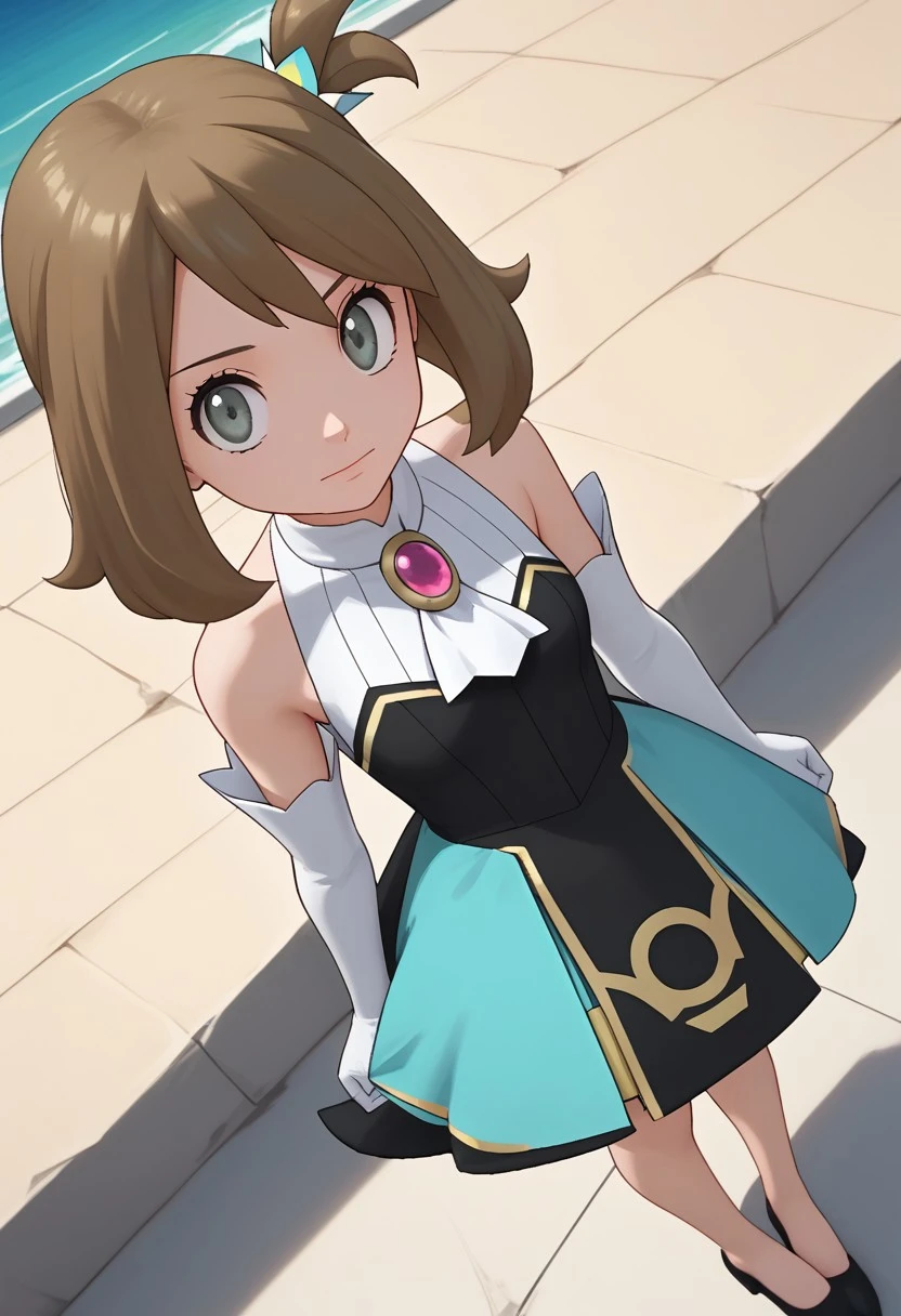 2d, masterpiece, best quality, amazing quality, 1girl, solo, close-up, standing, upper body, from above, dutch angle, looking at viewer, sky, ncmay, def colors, (may \(pokemon\):0.5), grey eyes, brown hair, medium hair, hair ornament black dress, aqua dress, sleeveless, bare shoulders, elbow gloves, white gloves, white ascot, knees, shoes, high heels, black footwear, score_9, score_8_up, score_7_up,source_anime, masterpiece, best quality, amazing quality, highres, absurdres, newest